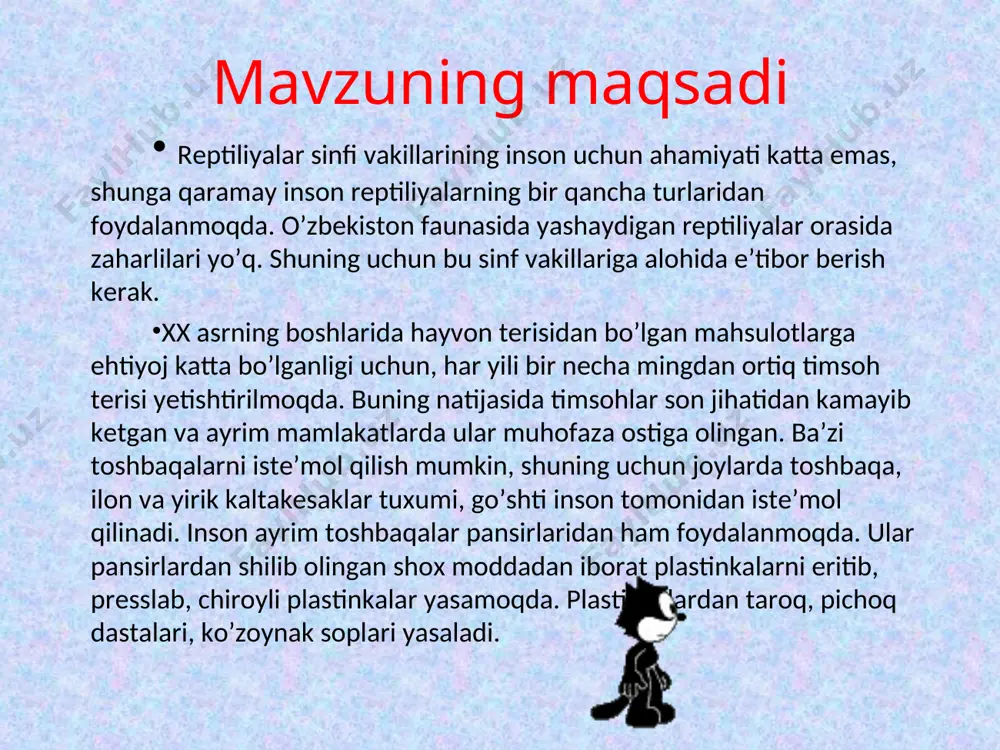 h shimoliy va tog’ mintaqalarida yashaydigan turlar o’rtasida uchrashi nazarda tutiladigan bo’lsa, u holda bu hodisa rivojlanayotgan embrionni sovuqdan himoya qilish funktsiyasini bajaradi. tuxumdan tirik tug’ish o’zbеkiston hududida tog’ va tog’oldi mintaqalarida tarqalgan turlar orasida uchraydi. 3. sudralib yuruvchilarning xilma-xilligi sudralib yuruvchilarning 6600 ga yaqin turi mavjud bo’lib, tumshuqboshlilar, tangachalilar, toshbaqalar, timsohlar turkumlariga ajratiladi. ilonlar gavdasi uzun, silindrsimon; oyoqlari bo’lmaydi; faqat bo’g’ma ilonlarning anal tеshigi ikki yonida ilmoqchalar shaklidagi orqa oyo’qlari rudimеnti saqlanib qoladi. ilonlarning qovoqlari ko’ziga yopishib yupqa shishasimon pardani hosil qiladi. shuning uchun ularning ko’zi yumilmaydi. o’rta quloq va nog’ora pardasi bo’lmaganidan ilonlar eshitmaydi. ilonlarning pastki va yuqori jag’lari, elastik pay orqali qo’shilgan. ilonlar og’zini juda kеng ochib, o’z tanasidan ham yo’g’onroq o’ljani tiriklayin yuta oladi. gavdasining ingichka va uzun bo’lishi tufayli ilonlarning faqat bitta o’pkasi rivojlangan, buyragi tasmasimon, qovurg’alari kalta, to’sh suyagi bo’lmaydi. hind boygasi–boiga trigonatum (schneider, 1802) ssp. meianocephala (annandale, 1904) to’rt yo`lli chipor ilon–elaphe quatuorlineata …
