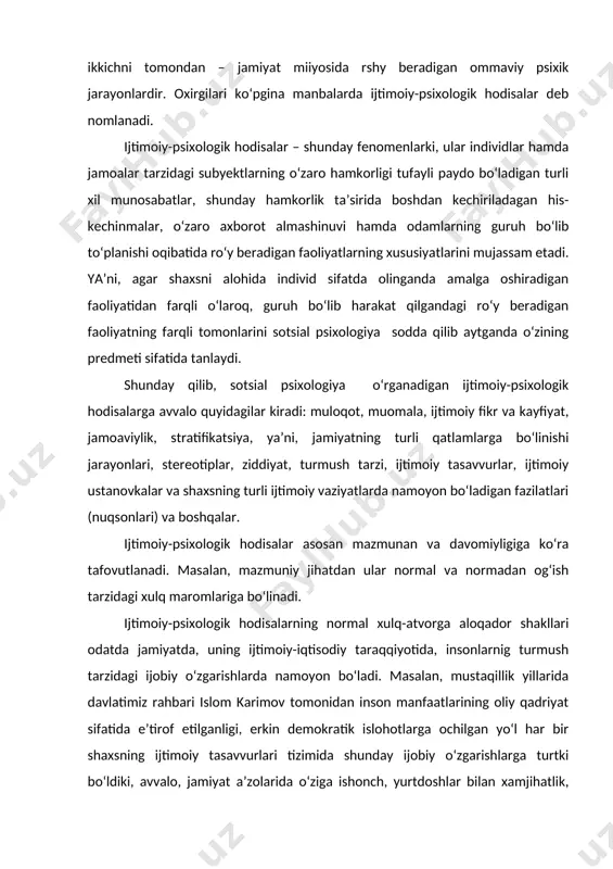 ining rivoj topishiga olib keldiki, oqibatda homiylik, o‘zaro mehr-oqibat kabi munosabatlar sayqal topdi. bunga mamlakat prezidentining 1996 yildan buyon yillarga maqom berishi, unda jamiyatdagi barqarorlik, undagi o‘zaro hamjihatlik g‘oyalarining ustuvor qilib qo‘yilishi ijobiy ta’sir ko‘rsatdi. oqibatda yurtimizda har bir shaxs va ijtimoiy guruhlarning turmush tarzida ijtimoiy normalarga bo‘ysunish, ularni hurmat qilish psixologiyasi shakllandi, milliy g‘urur va o‘zini barcha ijtimoiy jarayonlarga aloqador etib his qilish paydo bo‘ldi. normal xulqdan og‘ish bilan bog‘liq bo‘lgan xulq-atvor esa ayrim guruhlar faoliyatiga xos bo‘lib, uning oqibatida odatda ayrim shaxsning guruhlarga (masalan, jinoyatchining jamiyat normalarini buzishi) yoki guruhlarning ijtimoiy-iqtisodiy taraqqiyotga salbiy ta’siri (masalan, jinoiy guruh yoki ekstremistik guruhlarning ijtimoiy normal hayotga tajovuzi shaklida) namoyon bo‘ladi. bu kabi salbiy holatlar jamiyatning tub asoslarini o‘zgartirib yubormaydi, lekin ayrim vaziyatlarda odamlarning normal kun kechirish, tinch osuda mehnat qilishlariga halaqit beradi. ming afsuski, eng oliyjanob shiorlar ostida yashayotgan demokratik jamiyatda ham ayrim alohida shaxs va guruhlar tajribasida ana shunday salbiy …