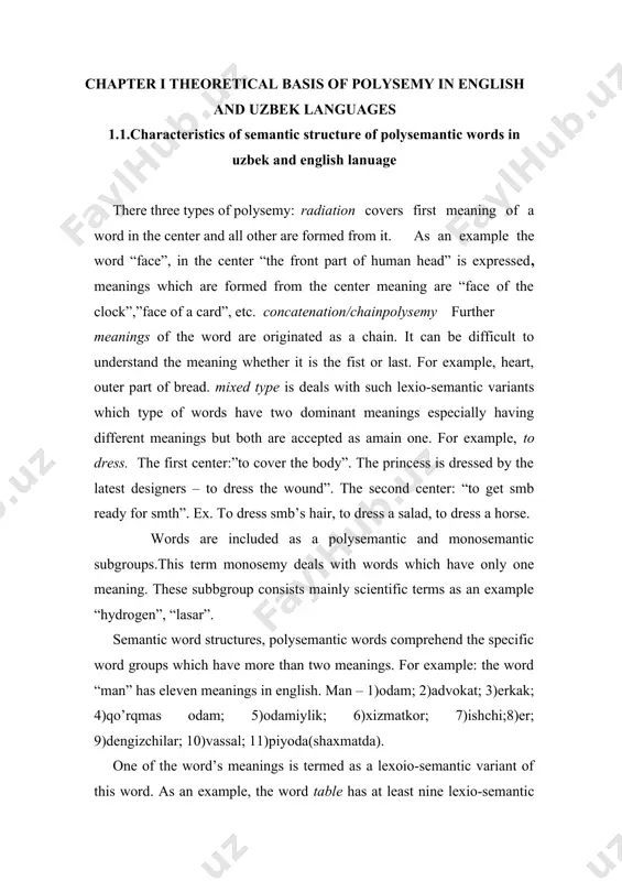 g different meanings but both are accepted as amain one. for example, to dress. the first center:”to cover the body”. the princess is dressed by the latest designers – to dress the wound”. the second center: “to get smb ready for smth”. ex. to dress smb’s hair, to dress a salad, to dress a horse. words are included as a polysemantic and monosemantic subgroups.this term monosemy deals with words which have only one meaning. these subbgroup consists mainly scientific terms as an example “hydrogen”, “lasar”. semantic word structures, polysemantic words comprehend the specific word groups which have more than two meanings. for example: the word “man” has eleven meanings in english. man – 1)odam; 2)advokat; 3)erkak; 4)qo’rqmas odam; 5)odamiylik; 6)xizmatkor; 7)ishchi;8)er; 9)dengizchilar; 10)vassal; 11)piyoda(shaxmatda). one of the word’s meanings is termed as a lexoio-semantic variant of this word. as an example, the word table has at least nine lexio-semantic variants. …
