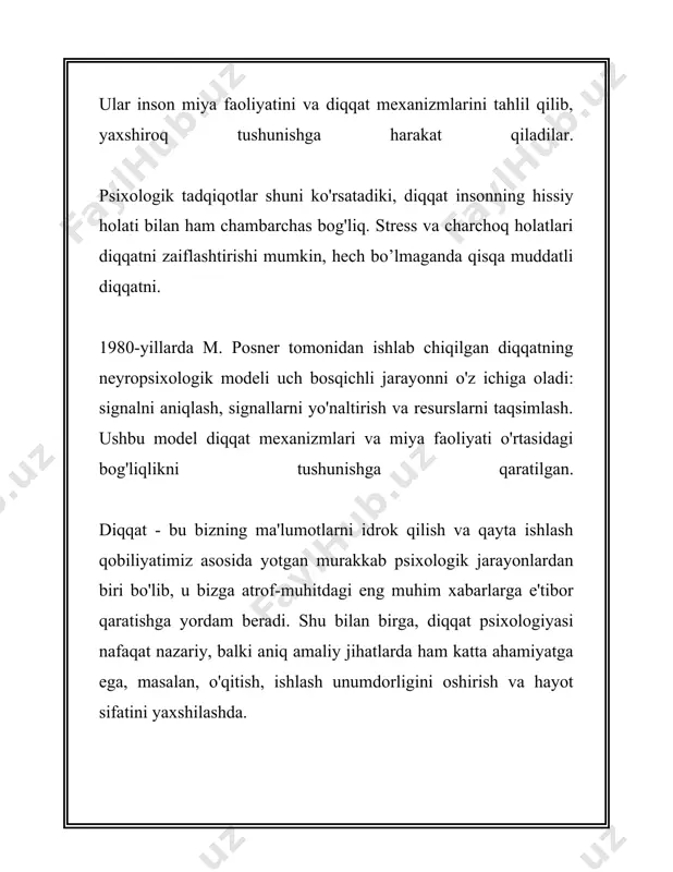 a, ixtiyoriy diqqat ishtirok etadi. masalan, dars qilish yoki biror muammoni hal etish paytida ixtiyoriy diqqat ishlatiladi. ixtiyoriy diqqat yuqori darajada konsentratsiyani talab qiladi va ko‘pincha insonning jismoniy va ruhiy energiyasini ko‘proq sarflanishiga sabab bo‘ladi. 2. **ixtiyorsiz diqqat**: bu turdagi diqqat, ongli ravishda boshqarilmaydigan, tabiiy ravishda ma'lum bir stimuluslarga javoban paydo bo‘ladi. ixtiyorsiz diqqatning asosiy xususiyatlaridan biri shundaki, yalt etgan nur, baland tovush yoki o‘zgaruvchan muhitga duch kelganda avtomatik ravishda namoyon bo‘ladi. ixtiyorsiz diqqat evolyutsion jarayon natijasida insonlarning omon qolishiga yordam beruvchi mexanizm sifatida rivojlangan. bu turdagi diqqatning eng keng tarqalgan sabablari orasida qiziqarli hodisalar, yangi va noodatiy voqealar kiradi. 3. **postixtiyoriy diqqat**: bu turdagi diqqat dastlab ixtiyoriy xarakterga ega bo‘lib, keyinchalik kishining qiziqishi tufayli avtomatik tarzda davom ettiriladi. postixtiyoriy diqqat insonning qiziqishlari va ehtiyojlari bilan chambarchas bog‘liq bo‘ladi. ushbu diqqat turi ixtiyoriy diqqat bilan boshlanib, keyinchalik qiziqarli va jalb qiluvchi faoliyat tufayli ixtiyorsiz holatga aylanadi. bu diqqatning mustahkamlanishi, odatda, …