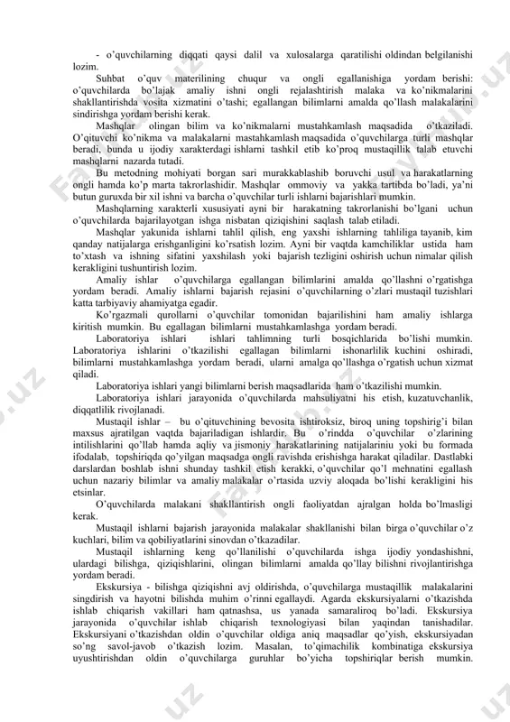 orish o`quvchilarning aqliy rivojlanishi ta’minlay olmaydi. har bir mavzuni o`rganishda soddadan murakkabga qarab borish maqsadga muvofiqdir. ko’pgina o’qituvchilar o’qitishning turli metod va usullarini qo’llab shunungdek, sinfdan tashqari ishlarni qiziqarli tashkil etib, yaxshi o’zlashtirish natijalariga erishmoqdalar va bilimga muhabbat hamda qiziqishlarini singdirmoqdalar. bunday o’qituvchilar qo’l mehnatini o’rgatishda o’quvchilarga turmush sohasidagi bilim va ko’nikmalarni singdirish bilan birga, ularda ijodiy qobiliyatlarni va bilishga qiziqishini, mustaqil faollikni o’stirishga yordam bermoqdalar. o’qitish usullari bilimlarni shunday darajada egallanishiga xizmat qilishi kerakki, unda o’quvchilar chizmani o’qituvchi chizgan o’lchamlar asosida emas, balki buyumni istalgan o’lchami bo’yicha chizib, egallagan bilimlarini amalda qo’llay olsinlar. qo’l mehnatiga o’rgatishda qo’llaniladigan asosiy usullar tizimi quyidagichadir: 1. og’zaki bayon qilish. 2. tushuntirish va hikoya qilish. 3. suhbat. 4. mashqlar. 5. amaliy ishlar. 6. labaratoriya ishlari. 7. mustaqil ishlar. 8. ekskursiya. 9. kitob bilan ishlash. 10. texnik vositalar. mehnat ta’limi jarayonida o’quvchilarni mehnat ta’limi va tarbiyasiga tayyorlashda mana shu usullardan samarali foydalanilsa o’qituvchi o’quvchilarning mehnat …