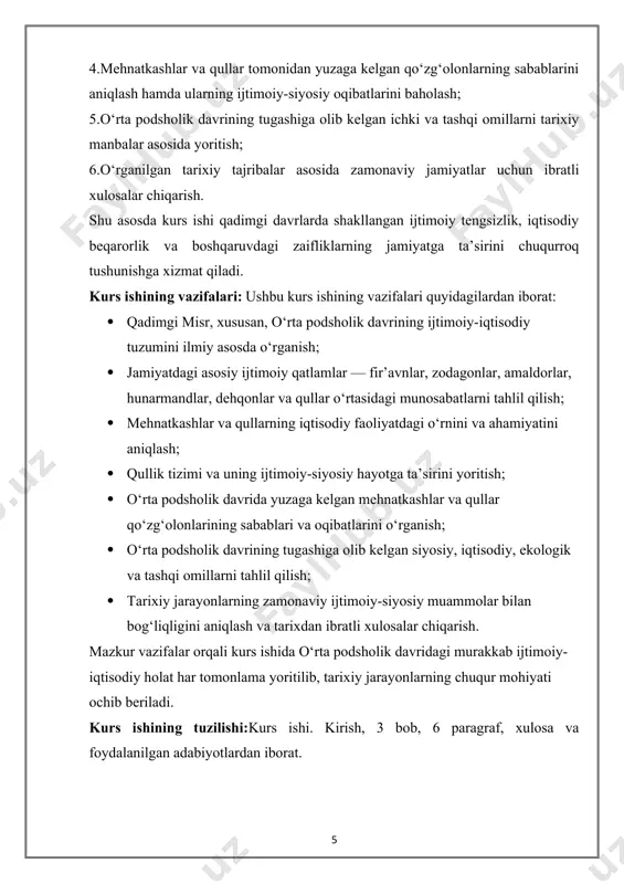 g ijtimoiy-siyosiy hayotga ta’sirini yoritish; · o‘rta podsholik davrida yuzaga kelgan mehnatkashlar va qullar qo‘zg‘olonlarining sabablari va oqibatlarini o‘rganish; · o‘rta podsholik davrining tugashiga olib kelgan siyosiy, iqtisodiy, ekologik va tashqi omillarni tahlil qilish; · tarixiy jarayonlarning zamonaviy ijtimoiy-siyosiy muammolar bilan bog‘liqligini aniqlash va tarixdan ibratli xulosalar chiqarish. mazkur vazifalar orqali kurs ishida o‘rta podsholik davridagi murakkab ijtimoiy-iqtisodiy holat har tomonlama yoritilib, tarixiy jarayonlarning chuqur mohiyati ochib beriladi. kurs ishining tuzilishi:kurs ishi. kirish, 3 bob, 6 paragraf, xulosa va foydalanilgan adabiyotlardan iborat. i bob. o'rta podsholik davrida misrning ijtimoiy-iqtisodiy tuzumi 1.1.o'rta podsholik davrida misr ijtimoiy tuzumi va uning tarkibi mehnatkashlarning roli va iqtisodiy faoliyat. misrning o'rta podsholik davri (miloddan avvalgi 2050-1800-yillar) misr tarixidagi muhim bir bosqich bo‘lib, bu davrda mamlakat ijtimoiy va iqtisodiy tizimi barqarorlikni topgan va o‘zining eng yuksak rivojlanishiga erishgan. bu davrda misrning ijtimoiy tuzumi murakkab va qatlamlangan bo‘lib, unda har bir ijtimoiy guruhning o‘z o‘rni va roli …