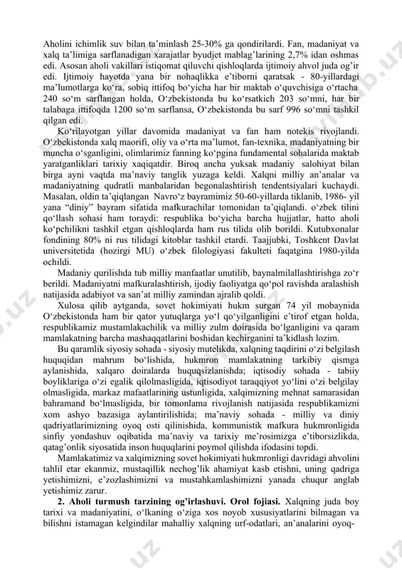 jumladan, tayyor sanoat mollari va hatto о‘zi uchun yetarli darajada ishlab chiqarish mumkin bо‘lgan mahsulotlarining 2/3 qismini ittifoqning boshqa respublikaliridan yuqori iste’mol baholarida keltirilishi respublikamiz xо‘jaligining bir tomonlama rivojlanganligini yaqqol kо‘rsatardi. bunga qо‘shimcha qilib, shuni ta’kidlash joizki respublika sanoatida yengil sanoat mahsulotining hissasi 1989- yilda 37,2 % ni tashkil etdi. bunda aholi uchun keng iste’mol mollari ishlab beradigan yengil sanoat o‘zbekistonda ancha yuqori rivojlangandek tuyulardi. aslida bu tarmoq mahsulotlarining yarmidan kо‘pini paxta tozalash zavodlarida tayorlangan paxta tolasi, pillakashlik fabrikalarida ishlov berilgan ipak tolasi, zavodlarda ishlangan kanop tolasi, teriga ishlov beruvchi korxonalarda ishlov berilgan qorakо‘l terilar tashkil qilganini e’tiborga olsak, qishloq xо‘jaligi mahsulotlariga dastlabki ishlov beruvchi tarmoqlar hissasi butun yengil sanoatda 2/3 qismga borib qolganini kо‘ramiz. shu bois o‘zbekiston mustaqillik arafasida sanoat yalpi mahsulot ishlab chiqarish hajmi bо‘yicha sobiq ittifoqda 10 о‘rinni egallar edi. urushdan keyingi yillarda qishloq xо‘jaligida ham ijobiy va salbiy jihatlarni kuzatish mumkin. qishloq xо‘jaligining asosiy yо‘nalishi paxtachilik …