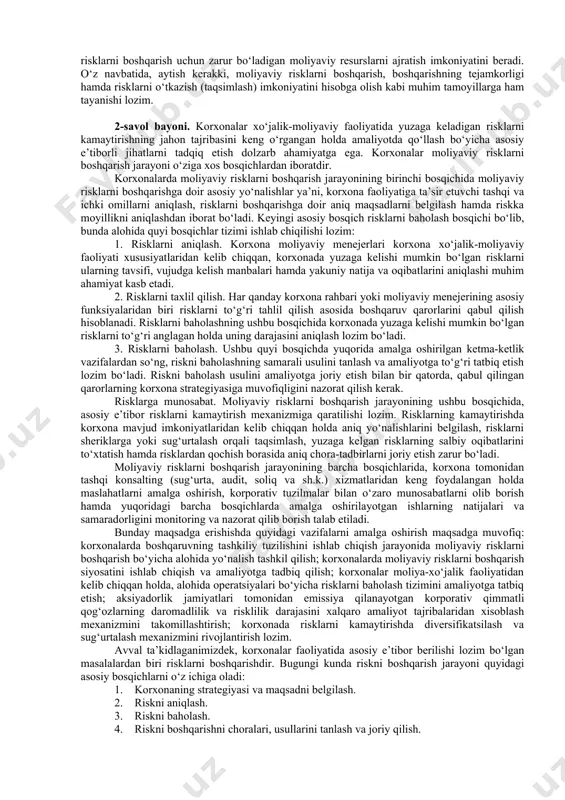 ilgan ta’rifdan kelib chiqqan holda, har qanday korxona moliyaviy faoliyatini amalga oshirish jarayonida unga ta’sir etuvchi omillar alohida ahamiyatga ega, shunga muvofiq moliyaviy risklarni vujudga kelish manbaiga ko‘ra tashqi va ichki manbalarga ajratish mumkin. rasm ma’lumotlaridan ko‘rinadiki, bulardan tashqari, moliyaviy risklarni oldindan xal etish imkoniyatiga, ta’sir etishning davomiyligiga va moliyaviy oqibatlariga ko‘ra ham turkumlashimiz mumkin bo‘ladi. korxonalarda moliyaviy risklarni boshqarish ma’lum bir tamoyillarga asoslangan holda amalga oshiriladi. risk vujudga kelishini oldindan qabul qilish yoki tan olish. korxona rahbarlari yoki moliyaviy menejerlari moliyaviy operatsiyalarni amalga oshirish asosida daromad olishni maqsad qilsa, oldindan risk vujudga kelishini qabul qilishi yoki tan olishi lozim bo‘ladi. korxona moliyaviy rahbarlari “riskdan qochish” taktikasiga amal qilgan holatda moliyaviy operatsiyalarni bajargan taqdirda ham, korxona faoliyatiga riskning ta’sirini yo‘qotib bo‘lmaydi, chunki moliyaviy risk xo‘jalik-moliyaviy operatsiyalarni amalga oshirish jarayonida vujudga keluvchi ob’ektiv hodisa hisoblanadi. qabul qilinayotgan risklarni boshqarish imkoniyatining mavjudligi. moliyaviy risklar portfeliga ob’ektiv yoki sub’ektiv xususiyatidan qat’i nazar boshqarish …