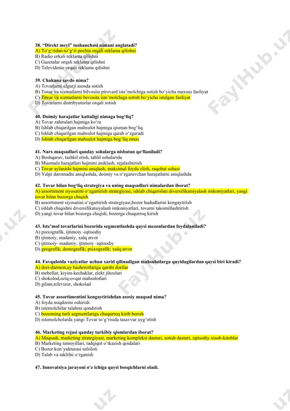 icha o‘zaro tijorat almashuvi 32. sotish marketing elementi sifatida qanday faoliyatni o‘z ichiga oladi? a) tovarlarni iste’molchilarga etkazib berish b) tovarni ilg‘or shakllari orqali sotishni tashkil etish c) ishlab chiqarilgan mahsulotni pirovard iste’molchilarga bevosita va bilvosita etkazib berish d) sotish tarmoqlarini shakllantirish, tovarlarni omborlarga joylashtirish, tovarlarni tashish, tijorat operatsiyalari 33. kommunikasiya siyosatida nimalar hisobga olinadi? a) shaxsiy sotuv, shaxsiz sotuv b) reklama siyosati, narxsiz rag‘batlantirish siyosati, personal sotuv siyosati c) reklama, sotuvni rag‘batlantirish d) talabni shakllantirish, shaxsiy sotuv 34. marketing taftishini tashqi ekspert maslaxatchilarini jalb qilish, o‘tkazish jarayoni qanday ketma-ket bosqichlardan iborat? a) tadqiqot, tahlil, tadbiq etish b) o‘rganish, kuzatish, xulosa c) nazoratdan oldingi davr, tashxis qilish davri, axborotlarni tahlil qilish va qayta ishlash, buyurtmachi bilan taftish natijalari bo‘yicha hisobot va tavsiyanomalarni tayyorlash hamda kelishish. d) tayyorgarlik, asosiy, yakuniy. 35. marketing tadqiqotlarini o‘tkazishda umumiy bosqichlar tavsifi nimalardan iborat? a) axborotni to‘plash b) axborot to‘plash va qayta ishlash c) muammoni aniqlash, …