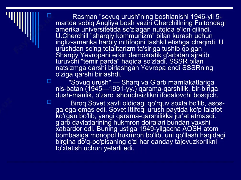 a tortildi, 70-yillarning birinchi yarmida jahonda harbiy xarajatlar har yili 350 milliard dollarni, o'n yillik oxiriga kelib esa 400 milliard dollarni tashkil etdi, 80-yillarda insoniyat har yili qurollanish uchun 600 milliard dollarni sarf etdi. qurollanish poygasi dunio xo'jaligi rivojlanishiga ulkan zarar yetkazdi, insoniyat salomatligiga zarar keltirdi. har yili yuzlab yadro qurollari sinovdan o'tkazildi va yadroviy changlar barcha qifalar bo'ylab atmosferaning yuqori qatlamlariga tarqaldi. bu hol xavfli kasalliklarning tarqalishi va tuproqning buzilishiga olib keldi. 2. yevropaning birlashuvi yevropada urushdan keyingi vaziyat ikkinchi jahon urushi tufayli yevropada yuzaga kelgan iqtisodiy va siyosiy inqiroz jahon siyosatida yevropa davlatlari rolining pasayishiga olib keldi. bir paytlar jahon miqyosida yuqori mavqeli bo'lgan angliya, fransiya, germaniya va italiya ikki buyuk davlat oralig'ida qolib, 50-yillar oxirlarida oddiy "yevropa" davlatlariga aylandi va to'liq mustaqil davlatlar bo'lmay qoldi. "marshall rejasi", nato amerika yadro quroli yevropa siyosati va iqtisodiyoti rivojlanishida uzoq vaqt ustuvor rol o'ynashini anglatardi. yevropa, xususan, germaniya sovet ittifoqi …