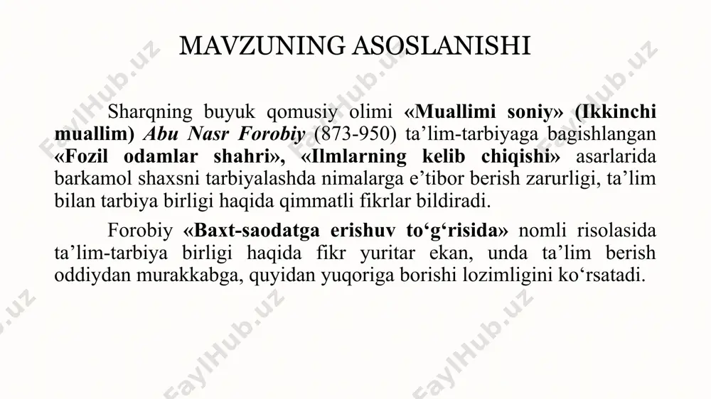 chuqur o'rganish va targ'ib qilish: forobiyning shaxs barkamolligi haqidagi qarashlarini keng jamoatchilikka yetkazish, uning asarlarini o'rganish va targ'ib qilish, ilmiy-amaliy anjumanlar, seminarlar, davra suhbatlari tashkil etish orqali uning g'oyalarini bugungi kun bilan bog'lash. ta'lim tizimida forobiy g'oyalaridan foydalanish: forobiyning ta'lim-tarbiya haqidagi qarashlarini o'quv dasturlariga kiritish, o'qituvchilarni uning pedagogik g'oyalari bilan tanishtirish, dars jarayonida forobiy asarlaridan parchalar keltirish, talabalarni forobiyning shaxs barkamolligi haqidagi qarashlari asosida tarbiyalash. forobiy markazlarini tashkil etish: forobiyning ilmiy merosini o'rganish, uning asarlarini nashr etish, tarjima qilish, forobiy haqidagi ilmiy tadqiqotlarni qo'llab-quvvatlash maqsadida forobiy markazlarini tashkil etish. forobiy g'oyalarini ommaviy axborot vositalarida targ'ib qilish: televideniye, radio, gazeta, jurnallar va internet saytlarida forobiy hayoti va ijodi, uning shaxs barkamolligi haqidagi qarashlari haqida ko'rsatuvlar, eshittirishlar, maqolalar va bloglar tayyorlash va e'lon qilish. forobiy asarlari asosida badiiy va ilmiy-ommabop filmlar yaratish: forobiyning hayoti va ijodi, uning shaxs barkamolligi haqidagi qarashlarini aks ettiruvchi badiiy va ilmiy-ommabop filmlar yaratish orqali uning g'oyalarini keng …