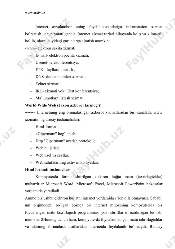 (tugun) yoki satr deb ataladi. html "ginermatn" uzatish protokoli http (hypertext transfer protocol) - "gipermatnlarni uzatish protokoli" - tarmoq protokollari ichida eng sodda va qulay hisoblanadi. uning asosiy vazifasi "giperbog`lanish" dan hosil bo`lgan url – adresli elektron hujjatlarni o`qishga oid so`rov (zaproc) ni serverga jo`natish va so`ralayotgan hujjat olib bo`lingandan so`ng server bilan aloqani uzishdan iborat. elektron pochta (e-mail). elektron pochta (e-mail – electronic mail) oddiy pochta vazifasini bajaradi. u bir manzildan ikkinchisiga ma`lumotlarni junatilishini ta`minlaydi. uning eng asosiy afzalligi vaqtga bog`liq emasligidir. elektron xatlar jo`natilgan zaxotiyoq manzilga boradi va egasi olguncha qadar uning pochta qutisida saqlanadi. elektron xatlar bir vaqtning o`zida bir necha adreslar bo`yicha jo`natilishi mumkin: · ms dos dan foydalanuvchilar uchun btm programmasi kengroq tarqalgan. · unix- tizimlar uchun elm programmasi kengroq tarqalgan. · windows operatsion tizimida edektron pochta bilan ishlashni microsoft outlook expess ilovasi ta`minlaydi. internet bir-biriga bog`langan kompyuterlar yagona tarmog`idir. internetga bog`lanishning bir necha usuli …