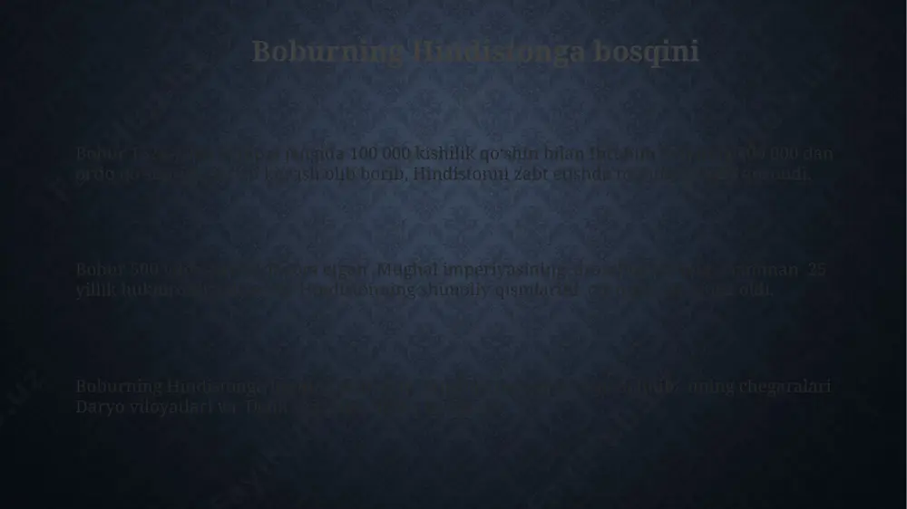 ko'p qirrali tilini ko'rsatadi. asarda 500 dan ortiq shaxs va 300 dan ortiq geografik joylar nomi tilga olingan, bu esa boburning keng ko'lamli harbiy va siyosiy faoliyatini aks ettiradi. e'tiboringiz uchun rahmat @taqdimot_robot