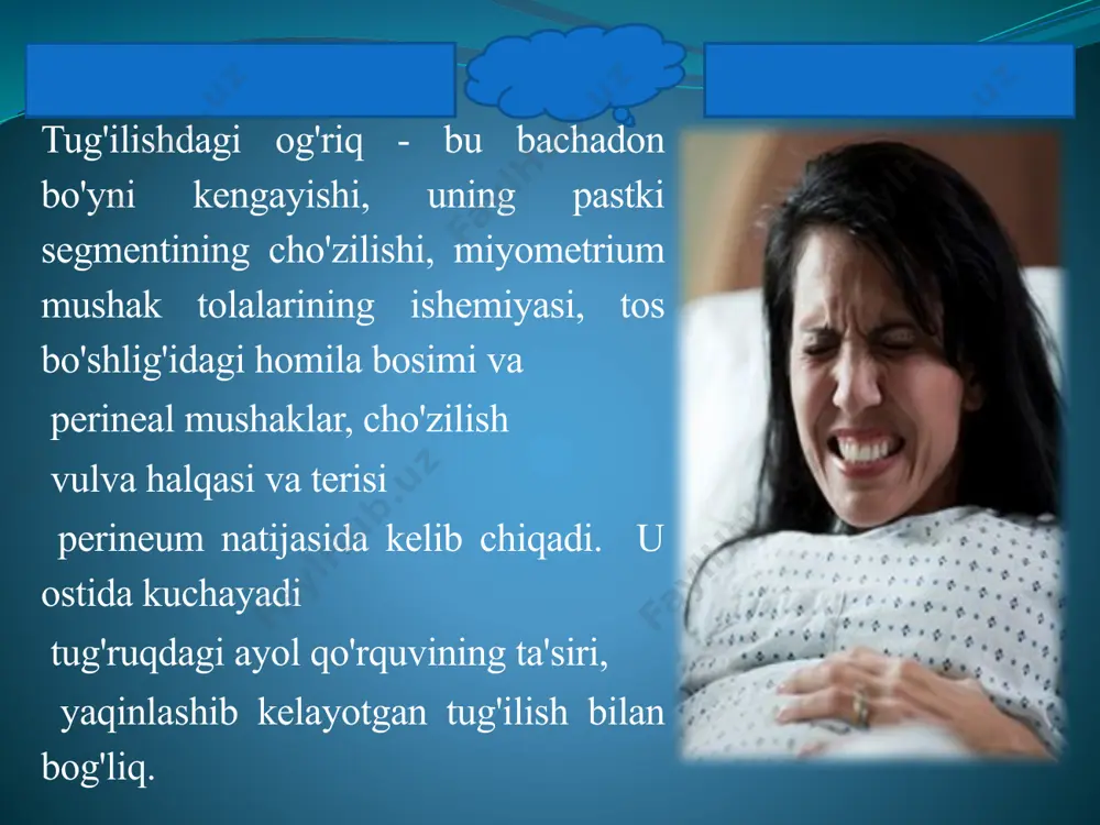 iritish imkoniyati va yuqori ishonchliligi tufayli shoshilinch sezaryen uchun mintaqaviy usullardan (masalan, to'satdan kritik xomilalik gipoksiya, bachadon yorilishi bilan) hal qiluvchi ustunlikka ega. sezilarli qon yo'qotish kutilmoqda (ponrp , bachadonning gipotenziyasi, dic - sindromi). mexanik va jarrohlik ta'sirga quyidagilar kiradi: regionar anezteziya- ikkita asosiy turi mavjud: epidural anesteziya (anestetik dorilar kateter orqali epidural bo'shliqqa yuboriladi) va spinal anesteziya (bel sohasiga anestetik subdural bo'shliqqa yuboriladi). transkutan elektr nerv stimulyatsiyasi (tens) - tens ning fiziologik ta'siri joylashuv hududida og'riq retseptorlarini minimal qo'zg'atishga olib keladigan afferent nerv o'tkazgichlarining ayrim turlariga selektiv elektr impuls ta'siriga asoslangan. elektrodlar. tens bilan amalga oshiriladi maxsus qurilmalar yordamida qaysilarni ifodalaydi impulsli oqim generatorlari. dori bo'lmagan usullarga quyidagilar kiradi: gipnozuggestiv texnika - bu qisqa gipnozli uyqu paytida taklif seansidir. muvaffaqiyatli gipnoanesteziyalarning uzoq muddatli yuqori darajasiga qaramay (25-70%), gipnonarkoz va gipnoanaljeziya hali keng tarqalmagan. keyinchalik kengroq, gipnozuggestiv terapiya tug'ruq og'rig'ini yo'qotish usuli sifatida emas, balki tug'ruq paytida ayolni ularga tayyorlash …