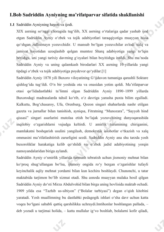 17 yilga qadar yaratgan asarlari u qadar koʻp emas. u garchand inqilobga qadar boʻlgan davrda “oyna”, “ulugʻ turkiston”, “al-isloh”, “hurriyat”“sadoi turkiston”, “taraqqiy” singari gazeta va jurnallarda oʻz sheʼrlari va maqolalari bilan yosh ijodkor sifatida qatnashadi, vaqt oʻtishi bilan jiddiy hayotiy mavzularga qoʻl urishga, davrning qon tomirini topishga intiladi. chunonchi, 1896–1904 yillarda “guli surx”, “bazm” singari katta mazmundan xoli sheʼrlarni yozgan boʻlsa, keyinchalik yaratgan “yoshlarga murojaat”, “hasrat”, “na oʻldi, yo rab!”, “moziy va hol”, “yerni yana sotmang” singari sheʼrlarida jadid adabiyotining nafasi ufurib turadi. “ustoz ismoilbek janoblari” degan marsiyada esa sadriddin ayniy jadidchilik harakatining otasi ismoil gʻaspirali vafoti munosabati bilan musulmon sharqi oʻzining buyuk rahnamolaridan biridan mahrum boʻlganini aytadi.sadriddin ayniy 1917 yilga qadar kechgan ijodida, boshqa jadidlar singari maqolanavislik (publitsistika) bilan ham samarali shugʻullandi. uning “oyna” jurnalida chop etilgan “har bir millat oʻz tili ila faxr etar” degan maqolasi muallifning 1915 yildayoq turkiston xalqlari oʻrtasida oʻzbek tilining mavqeini koʻtarish vazifasini oʻz …