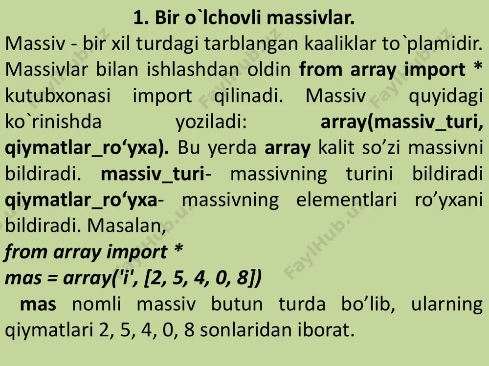 from array import * massiv = array('i', [2, 5, 4, 0, 8]) print(massiv.index(8)) natija: 4 append() – metodi massivning oxiriga yangi element qo‘shish uchun foydalaniladi. from array import * massiv = array('i', [1,2,3,4,5]) massiv.append(9) print(massiv) natija: array('i', [1,2,3,4,5,9]) array.remove(х) - massivdan x elementini o‘chirish. ushbu metod ro‘yxatdagi birinchi uchragan x elementini o‘chiradi. agar bunday element ro‘yxatda mavjud bo‘lmasa valueerror istisno holati ro‘y beradi. from array import * massiv = array('i', [1,2,3,4,5]) massiv.remove(3) print(massiv) natija: array('i', [1,2,4,5]) array.reverse() - massiv elementlarini teskari tartibda joylashtirish uchun qo‘llaniladi . bundan tashqari, python massiv bilan ishlashda qo‘llaniladigan bir nechta standart funksiyalarni ham o‘z ichiga qamrab olgan: massiv = array('i', [1,2,3,4,5]) massiv.reverse() print(massiv) natija: array('i', [5,4,3,2,1])  array.tolist() -massivni ro‘yxatga aylantirish uchun qo‘llaniladi. from array import * massiv = array('i', [1,2,3,4,5]) list=massiv.tolist() print(list) from array import * massiv = array('i', [1,2,3,4,5]) list=massiv.tolist() print(list) natija: [1,2,3,4,5] array.tofile(f) - massivni ochiq faylga yozish uchun ishlatiladi.  array.fromfile(f,n) …