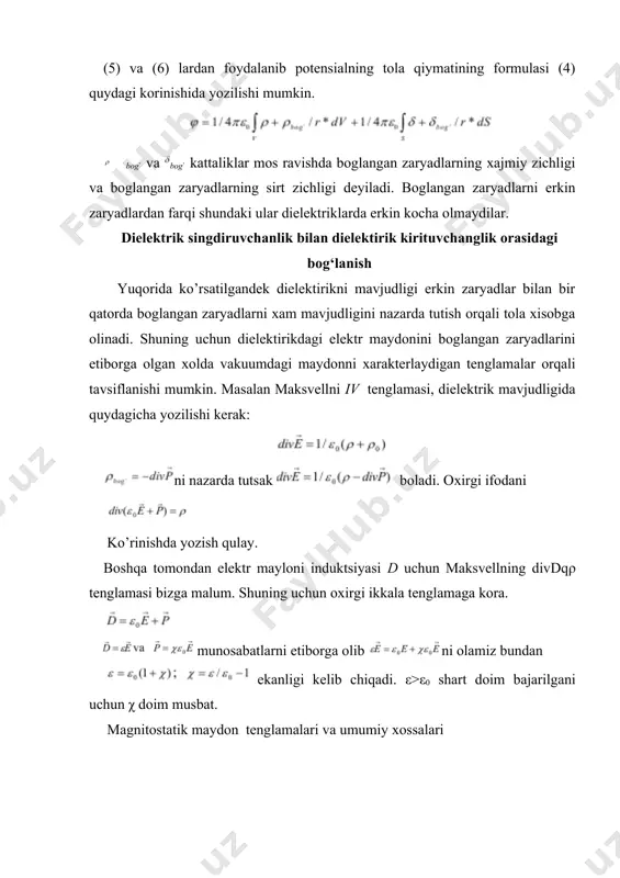 ng rotoriga teng korinishda yozish mumkin degan xulosani qilish mumkin, yani: a-vektor magnit maydonning vektor potensiali yoki oddiy qilib vektor potensiali deyiladi. vektorning potensiali berilgan b maydon tomonidan bir qiymatli ravishda aniqlanmaydi. agar a -vektor (4) formulaga kora b maydonni aniqlasa formula ham maydonni emas maydonni aniqlaydi. bu yerda xkoordinatalarning ixtiyoriy funksiyasi. bu fikrimizning isboti quydagicha: bunda gradientning rotori xar doim nolga teng ekanligi xisobga olingan. demak bir-biridan ixtiyoriy funksiyaning gradienti bilan farq qiluvchi va potensiallar bitta maydonni tavsiflaydi. potensialni tenglashdagi shu ixtiyoriylikdan foydalanib, unga qandaydir qoshimcha shart qoyish mumkin. magnitostatikada bunday qoshimcha shart sifatida olinadi. vektor potensial yordamchi kattalik bolib, xech qanday fizik manoga ega emas, lekin magnit maydonlariga doir masalalarni yechishda (umuman elektromagnit maydonlariga doir masalalarni yechishda xam) katta qulaylik tugdiradi. 3. vektor potensial uchun tenglama - (4) ni (2) ga qoyish yoli bilan keltirilib chiqariladi. bunda bira tola ekanligini xam nazarda tutamiz, va natijada: xosil boladi. vektor …