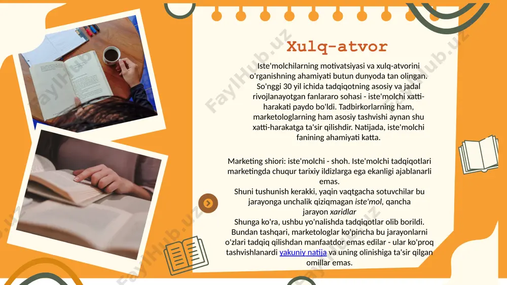 ategiyalari: o‘quv qo‘llanma. t.: fan va texnologiyalar, 2012 2. o‘zbekiston respublikasi vazirlar mahkamasining «bozorni iste’mol tovarlari bilan to‘ldirishni rag‘batlantirish hamda ishlab chiqaruvchilar va savdo tashkilotlarining o‘zaro munosabatlarini takomillashtirish chora-tadbirlari to‘g‘risida»gi 2002-yil 13-noyabrdagi 390-sonli qarori. 3.qosimova m.s., yusupov m. a., ergashxo‘jayeva sh. z. marketing: darslik. 2010. 4.bekmuradov a.sh., qosimova m.s., safarov b.j., musayeva sh.a. marketingni boshqarish. o‘quv qo‘llanma.t.: tdiu, 2007. 187. 5. jalolov j.j., xojamuratova g.yu. «biznes marketingi» fani bo‘yicha o‘quv-uslubiy ta’lim texnologiyasi: uslubiy qo‘llanma. «iqtisodiy ta’limdagi o‘qitish texnologiyasi» seriyasidan. t.: tdiu, 2006. 192 б. 6.jalolov j.j.va boshqalar. korxona tashqi iqgisodiy faoliyati va marketing: o‘quv qo‘llanma. t.: bilim, 2005. 7.qosimova m.s., ergashxo‘jaeva sh.j., abduxalilova l.t., muhitdinova u.s., yuldashev m.m. strategik marketing. o‘quv qo‘llanma. t.: o‘qituvchi, 2004 . thank you for listening! image11.png image12.png image3.png image4.png image5.png image6.png image7.png image8.png image9.png image10.png image13.png image22.png image23.png image14.png image15.png image16.png image17.png image18.png image19.png image20.png image21.png image32.png image33.png image24.png image25.png image26.png image27.png image28.png image29.png image30.png …