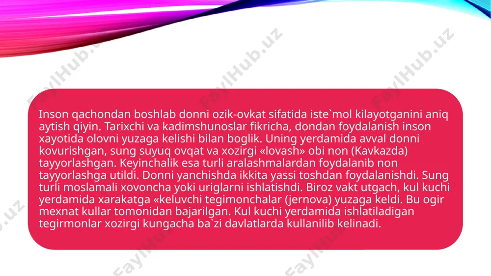 onlar uchun eng muxim kuchli ozik (em) xisoblanadi. u omixta yoki murakkab yem tayyorlashda xam ishlatiladi. oziklik kimmati jixatidan 1 kg suli 1 ozik. birligiga teng. suli somoni va tuponi xam mollarga beriladi. tuyimliligi jixatidan u boshokli don ekinlarining poxoli va tuponidan ustun turadi. tarkibidagi oksil, yor, vitaminlar oson xazm bulganligidan uni ozik-ovkatga ishlatish mumkin. donidan yorma, kisel va galet tayyorlash uchun un, tolkon va boshka maxsulotlar tayyorlanadi. bu maxsulotlar asosan bolalarga muljallangan va parxez taomlar pishirishda ishlatiladi. suli arpa ekinlari orasida begona ut sifatida usgan. yevropada suli eramizdan 1500—1700 yil avval ma`lum edi. makkajuxori eng qimmatli va serhosil ekinlardan hisoblanadi. u dunyoning eng kadimiy ekinlaridan biridir. uning vatani markaziy amerika (meksika va gvatemala) dir. maxalliy axoli makkajuxorini eramizdan avvalgi 3400 — 2300 yillarda yetishtira boshlagan, urta osiyoga xviii asr oxirida xitoydan keltirilgan. u turli maksadlarda, chunonchi, ozik-ovqat sifatida ishlatiladi va texnikaviy maqsadlar uchun kayta ishlanadi, mollarga beriladi. mamlakatimizda asosan …
