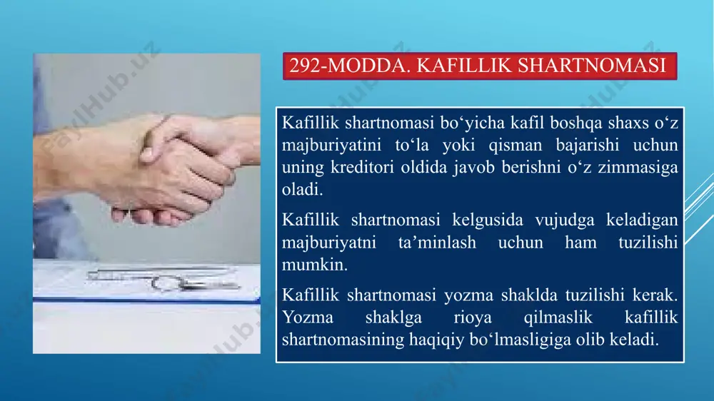 arda tutilgan bo‘lmasa, kafil qarzdorga ko‘rsatgan xizmatlari uchun haq olish huquqiga ega. kafil xizmatlari uchun haq to‘lash muddatlari va tartibi shartnomada ko‘rsatilgan bo‘lishi lozim. kafillik haq to‘lanadigan shartnomalar qatoriga kiradi. 298-modda. kafillikning bekor bo‘lishi kafillik bilan ta’minlangan majburiyat bekor bo‘lgach, shuningdek ushbu majburiyat kafilning roziligisiz javobgarlikning oshishiga yoki uning uchun boshqa noqulay oqibatlarga olib keladigan tarzda o‘zgartirilgan taqdirda kafillik bekor bo‘ladi. kafillik bilan ta’minlangan majburiyat bo‘yicha qarz boshqa shaxsga o‘tkazilganida, agar kafil yangi qarzdor uchun javobgar bo‘lish haqida kreditorga rozilik bergan bo‘lmasa, shuningdek kafil ta’minlagan majburiyatni bajarish muddati kelganida kreditor qarzdor yoki kafil taklif qilgan tegishli ijroni qabul qilishdan bosh tortsa, kafillik bekor bo‘ladi. shartnomada ko‘rsatilgan kafillik muddati o‘tganidan keyin kafillik bekor bo‘ladi. agar bunday muddat belgilangan bo‘lmasa, kreditor kafillik bilan ta’minlangan majburiyatni bajarish muddati kelgan kundan boshlab bir yil davomida kafilga da’vo qo‘zg‘atmagan taqdirda kafillik bekor bo‘ladi. agar asosiy majburiyatni bajarish muddati ko‘rsatilmagan va belgilanishi mumkin bo‘lmagan yoki talab …