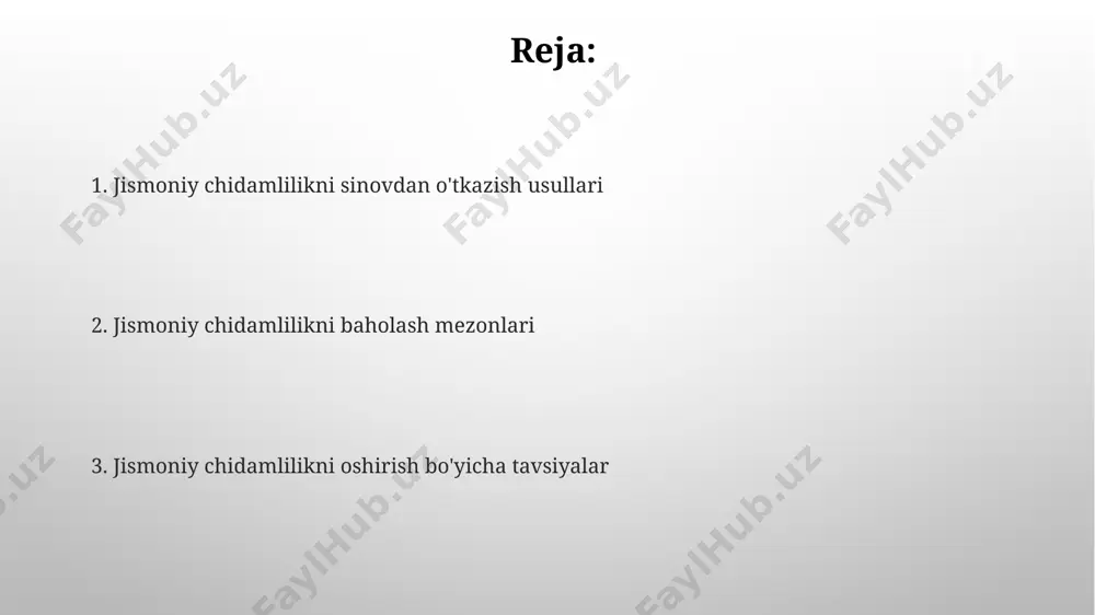 kuzatib boradi. jismoniy chidamlilikni baholash testlari qo'shma shtatlardagi amerika yurak assotsiatsiyasi tomonidan tavsiya etilgan 1,5 mil yugurish testi, yurak-qon tomir chidamliligini 8-12 minut oralig'ida baholash uchun ishlatiladi va natijalar yosh va jinsga qarab talqin qilinadi. toshkentda o'tkazilgan bir tadqiqotda, 60 ta takrorlanuvchi burpee mashqlari orqali, jismoniy chidamlilikning 3 turli darajasini (past, o'rtacha, yuqori) aniqlash va 30 sekund ichida tik turish sonini hisoblash yo'li bilan baholandi. jismoniy chidamlilikni oshirish usullari jismoniy chidamlilikni oshirishda haftasiga kamida 3 marta, 30-45 daqiqalik yugurish mashgʻulotlarini toshkent kabi shaharlardagi parklarda oʻtkazish samarali natijalar beradi. balandlikdagi mashqlar, masalan, 20 ta takrorlash bilan 3 ta setda togʻli hududlarda (masalan, chimgan) piyoda yurish yurak-qon tomir tizimini mustahkamlaydi va chidamlilikni oshiradi. nafas olish tizimining chidamliligini baholash 6-minutlik yurish testi yordamida nafas olish tizimining chidamliligini baholashda, 6 minut ichida 400 metrdan ko'proq masofani bosib o'tish yaxshi natija hisoblanadi, bu ko'rsatkich samarqanddagi sog'liqni saqlash muassasalarida qo'llaniladi. nafas olish funksiyasini tekshirishda, spirometriya usuli …