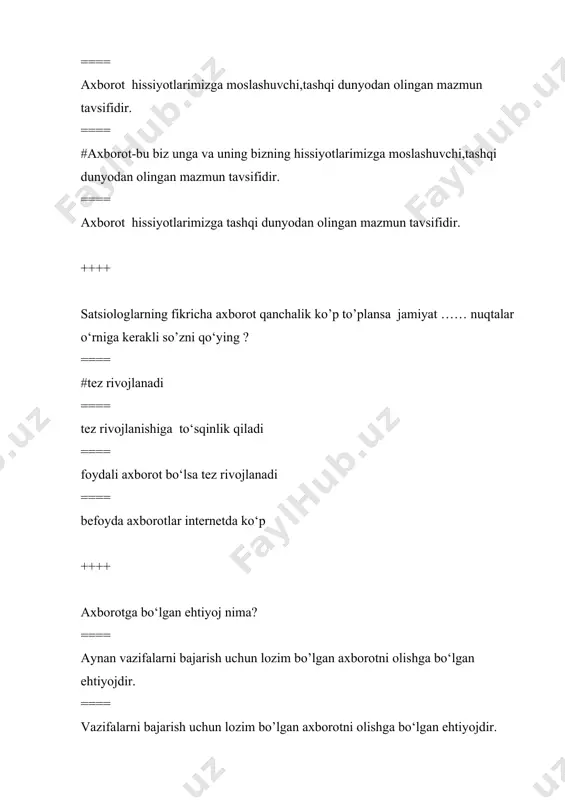 lgan qaysi ommaviy axborot vositasi (oav) buyuk britaniya mamlakatining oav hisoblanadi? ==== cnn ==== dw ==== #bbc ==== fox news ++++ aqshning ommaviy axborot vositasi hisoblanuvchisi cnn kanali nechanchi yil tashkil etilgan? ==== #1980 ==== 1978 ==== 1965 ==== 2022 ++++ buyuk britaniyaning ommaviy axborot vositalaridan biri hisoblanuvchisi bbc kanali kengaytmasi? ==== #british broadcasting corporation ==== germany broadcasting corporation ==== british corporation ==== british news company ++++ aqshning ommaviy axborot vositalaridan biri hisoblanuvchisi cnn kanali kengaytmasi? ==== canada news network ==== #the cable news network ==== the cable news ==== company news network ++++ mediakontentda keng ishlatiluvchi oav so’zining kengaytmasi? ==== ommaviy avto vositalar ==== odob ahloq vakillari ==== #ommaviy axborot vositalari ==== oila a’zolari vakillari ++++ buyuk britaniyaning ommaviy axborot vositalaridan biri hisoblanuvchisi bbc kanalining uzbek tilidagi nashriga qaysi havola orqali kiruladi? ==== https://www.bbc.com/ ==== https://www.bbc.com/home ==== https://www.uz.bbc.com/ ==== #https://www.bbc.com/uzbek ++++ twitter tarmog‘i qanday xizmat ko’rsatuvchi tarmoq turiga kiradi …