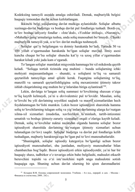 shtirilgan budjet xarajatlarini manzilli va maqsadli sarflanishini ta’minlanishi natijasida xarajatlarning maksimal iqtisod qilinishi ta’minlanmoqda. 14.3. soliqlarning turlari va funksiyalari soliqlar majburiy to‘lovni ifoda etuvchi pul munosabatlarini bildirib, bu munosabatlar soliq to‘lovchilar (huquqiy va jismoniy shaxslar) bilan soliqni o‘z mulkiga aylantiruvchi davlat o‘rtasida yuzaga keladi. korxona va tashkilotlar aholiga xizmat ko‘rsatganida, ishlar bajarganida yoki bozorlarda oldi-sotdi kilganda ham pul to‘lovlari mavjud. lekin ular soliq bula olmaydi. soliq munosabati bulish uchun davlat mamlakatda yaratilgan yalpi ichki mahsulot kiymatini taksimlash yo‘li bilan majburan davlat budjetiga mablag to‘plash jarayonini amalga oshiradi. soliqlarning o‘ziga xos belgilari mavjud bo‘ladi, ularga: majburiylik, xazinaga tushishlik, kat’iylik va doimiylik, anik soliq to‘lovchi uchun ekvivalentsizlik belgilari mavjuddir. birinchi belgi-majburiylik. soliq va yig‘imlar majburiy bo‘ladi, bunda davlat soliq to‘lovchining bir kism daromadlarini majburiy badal sifatida budjetga olib kuyadi. bu majburiylik oliy majlis tasdiqlab bergan soliq kodeksiing tamoyili asosida amalga oshiriladi. demak, majburiylik belgisi huquqiy tomondan davlat uchun kafolatlangan. ikkinchi belgi soliqlarning …