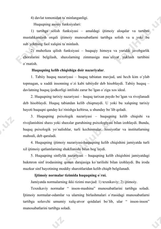 lari bo`lib, ular “ inson-inson” munosabatlarini tartibga soladi. axloq normalari – ezgulik va yovuzlik, qadr-qimmat, adolat va nohaqlik haqidagi axloqiy tushunchalarga mos ravishda jamiyatda o`rnatilgan xulq-atvor qoidalaridir. jamoat birlashmalari normalari – jamoat birlashmalarining o`z faoliyatini tartibga solish uchun va tashkilotlarning a`zolari o`rtasidagi munosabatlarni aniqlash uchun o`rnatgan xulq-atvor qoidalaridir. odat normalari – kishilarning ko`p marta takrorlanganligi uchun odatga aylangan va shu tariqa avloddan-avlodga o`tib kelayotgan xulq-atvor qoidalaridir. an`ana normalari-ilg`or an`analarni asrash munosabati bilan yuzaga kelgan umumlashgan va barqaror hulq-atvor qoidasi. marosim normalari – kishilarning ma`lum rasm-rusmlarni bajarishdagi xulq-atvor qoidalaridir.diniy normalar. siyosiy normalar – alohida shaxslar va siyosiy birlashmalarining hokimiyatga munosabati masalalarini tartibga soluvchi xulq-atvor qoidalari. huquq normalari-umummajburiy xulq-atvor qoidalari. axloq va huquq. axloq-kishining jamiyatdagi xulqini normativ tartibga soluvchi usullardan biridir. axloq-ijtimoiy ong shakllaridan biri, shu bois butun ijtimoiy ong singari uning ham tuzilishi bir xil emas. axloqning alohida xususiyati shundan iboratki, axloq normalariga amal qilish jamoatshilik fikri orqali ta`minlanadi. huquq – …