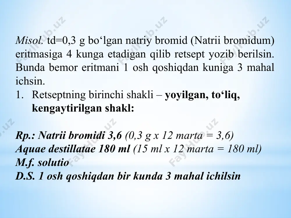 riladi. misollar: bodom urug‘idan tayyorlanadigan 200 ml emulsiyaga retsept yozib berilsin. rp.: emulsi semenis amygdali dulcis 20,0 – 200 ml d.s. 1 osh qoshiqdan har soatda ichilsin 2. kanakunjut moyi (oleum ricini) dan tayyorlanadigan 180 ml emulsiyaga retsept yozib berilsin. rp.: emulsi olei ricini 18,0 – 180 ml d.s. 1 osh qoshiqdan har soatda ichilsin tomchilarda dozalanadigan eritmalar kuchli ta’sir qiluvchi va zaharli ta’sirga ega bo‘lgan dorivor moddalarning eritmalarini ichish uchun tomchilarda dozalanadi. 1 ml suvli eritma ≈ 20 ta tomchiga teng. bir marta ichiladigan tomchilarning tarkibida dorining bir martalik terapevtik dozasi bo‘lishi shart. dorilarni tomchilarda dozalash usulining kamchiliklari: 1) tomchining kattaligi shisha idish chekkasining qalinligiga va atrof-muhitdagi havoning haroratiga bog‘liq holda o‘zgarib turishi mumkin; 2) bemor dorini o‘lchayotganda adashib ketishi mumkin; 3) har xil suyuqliklarning1 ml ida har xil sondagi tomchilar bo‘lishi mumkin. bir marta ichish uchun 5 tomchidan 30 tomchigacha buyuriladi. ko‘pincha 1 martalik dozani 10-20 tomchida beriladi. …