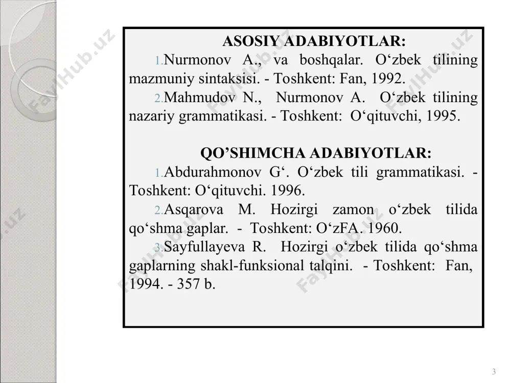 ‘rinlashuvi. 4. ozlashtirma gaplarning tuzilishi. 5. xulosa. * asosiy adabiyotlar: nurmonov a., va boshqalar. o‘zbek tilining mazmuniy sintaksisi. - toshkent: fan, 1992. mahmudov n., nurmonov a. o‘zbek tilining nazariy grammatikasi. - toshkent: o‘qituvchi, 1995. qo‘shimcha adabiyotlar: asqarova m. hozirgi zamon o‘zbek tilida qo‘shma gaplar. - toshkent: o‘zfa. 1960. abdurahmonov g‘. o‘zbek tili grammatikasi. - toshkent: o‘qituvchi. 1996. abdullayev a. hozirgi o‘zbek adabiy tilida ko‘chirma gapli konstruksiyalar. - toshkent:fan, 1978. - b.9. haydarov m. ko‘chirma gap va muallif gapining joylashishi // o‘zbek tilshunosligiga oid tadqiqotlar. 5- chiqish. -toshkent. 1993. - b.49. abdullayeva d. muallif gapi tarkibi// til va adabiyot ta’limi. 2002. – №4. –b.17. * * * i. o’zga gapli qurilmalar tasnifi (asqarova m. hozirgi zamon o‘zbek tilida qo‘shma gaplar. - toshkent: o‘zfa. 1960. –b. 114) 1 1. ko‘chirma gap. masalan: - xo‘sh, qanday yangiliklar bor? – dedi o‘ktam. 3. o‘zlashtirma gap. masalan: qorlar yog‘ib, izlar bosilganli-gini aytdi g‘afur muloyimlik bi-lan. …