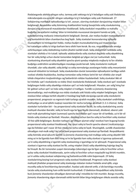 t, mol-mulk va boshqalarga bo‘lgan huquq emas, balki ularning o‘zidir, ya’ni soliq solish obyekti bo‘lib biror-bir soliq predmetiga bo‘lgan huquq tushunilsa, predmet bo‘lib ana shu egalik qilinadigan daromad, yer uchastkasi, imorat va boshqalarning o‘zi tushuniladi. soliq obyekti yoki soliqqa tortish predmeti, unga kim egalik qilish huquqiga ega bo‘lsa, unda soliqni to‘lash majburiyati, ya’ni soliq subyektini namoyon qiladi. demak, aytishimiz 24 mumkinki, soliqqa tortish predmetiga egalik qilish huquqi soliq obyektini vujudga keltirsa, o‘z navbatida ushbu predmetga kimning egalik qilishi soliq subyektini yoki soliq to‘lovchisini namoyon etadi. soliq manbayi — bu soliq to‘lovchining to‘laydigan soliqlari manbayi, ya’ni daromadi. soliq obyekti va soliq manbayini bir-biridan farqlash lozim. ayrim soliq turlari bo‘yicha, masalan, foydaga, yalpi daromadga, jismoniy shaxslarning daromadiga soliqlar bo‘yicha soliq obyekti ham, soliq manbayi ham bir xil bo‘ladi, ya’ni nima obyekt bo‘lsa, uning o‘zi manba hisoblanadi. shu o‘rinda soliqqa tortish predmeti, soliq obyekti va soliq manbayini farqlash va ularning mohiyatini ochib berish …