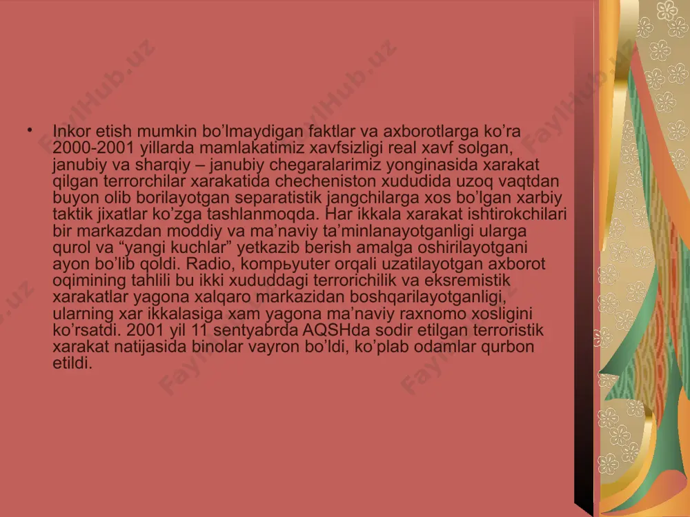 o’zbekiston raxbariyatining taklifi sabab bo’ldi. umuman, o’zbekiston jaxon xalqaro tashkilotlarining ixtisoslashgan, iqtisodiy madaniy va boshqa tashkilotlari bo’limlarida faol ishtirok etib mintaqaviy va dunyo barqarorligini saqlashda yurtboshimiz tomonidan ibratli ishlar amalga oshirilmoqda. mamlakatimiz o’z mustaqilligini qo’lga kiritgandan keyin tarixan qisqa vaqt ichida iqtisodiy ijtimoiy - siyosiy va ma’naviy - ma’rifiy soxalarda juda katta yutuklar qo’lga kiritildi. prezidentimiz 1992 yildayok: “oldin odamlarga moddiy boylik berish, so’ngra ma’naviyat to’g’risida o’ylash kerak, deganlar xaq bulmasalar kerak. ma’naviyat – insonning xalqning, jamiyatning, davlatning kuch-qudratidir” - deb ta’kidlagan edi. ana shu ko’rsatmaga muvofik ma’naviyatni rivojlantirish mamlakatda amalga oshiralyotgan barcha ishlarda unga tayanish davlat siyosati darajasiga ko’tarildi. xususan prezilentimizning 1999 yil 23 aprelda respublikamizda “ma’naviyat va ma’rifat” jamoatchiligini tuzish to’g’risida, 1996 yil 9 sentyabrda esa “ma’naviyat va ma’rifat” jamoatchiliq markazi faoliyatini yanada takomillashtirish to’g’risida 1999 yil 3 sentyabrdagi respublika ma’naviyat va ma’rifat kengashini qo’llab - quvvatlash to’g’risidagi farmonlari va 1998 yil 24 iyulda o’zbekiston respublikasi vazirlar maxkamasining …