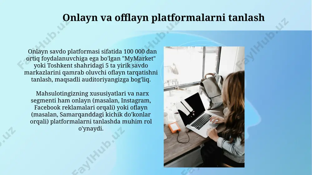 gaytirish. mahsulotni aniqlash bozor tadqiqoti natijalari shuni ko'rsatadiki, 20-40 yosh oralig'idagi yoshlar orasida samarqand viloyatida ishlab chiqarilgan mahsulotlarga talab yuqori. mahsulotning noyobligi va sifatini ta'minlash uchun, 3 ta asosiy xususiyatga e'tibor qaratib, xorazm viloyatidan olingan tabiiy materiallardan foydalanish kerak. dizayn va vizual identifikatsiyani yaratish logotip yaratishda minimalizmga intilish va shriftlarni 2 dan ortiq bo'lmagan holda qo'llash, brendning xotirada qolishi va 5 yil ichida o'zgarishsiz qolishiga yordam beradi. vizual identifikatsiyani yaratishda, instagram va facebook kabi 2 ta ijtimoiy tarmoq platformalarini hisobga olib, turli o'lchamdagi (1080x1920, 1200x628 piksel) kontentlar tayyorlash kerak. marketing rejasi brendning o'sishi va rivojlanishi uchun marketing rejasiga 1 yil ichida 20% ga sotuvlarni oshirish va farg'ona vodiysi bozoriga kirish kabi maqsadlarni qo'shish kerak. mahalliy brendni yaratishda marketing rejasining 3 bosqichi: tadqiqotlar (bozor tahlili, raqobatdoshlarni o'rganish), 1000 dan ortiq potentsial mijozlarni aniqlash va toshkentdagi 5 ta asosiy ijtimoiy tarmoq platformalarida reklama kampaniyasini boshlash. e'tiboringiz uchun rahmat @taqdimot_robot image2.jpg image3.jpg image4.jpg …