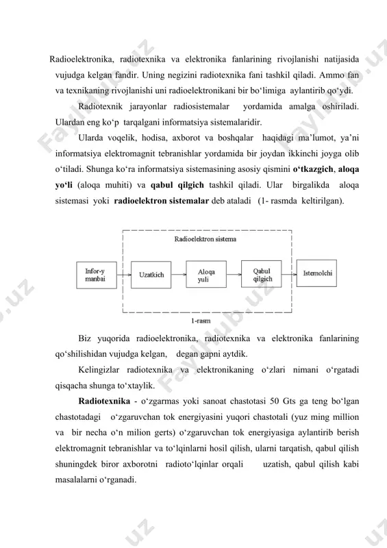 n elektr va magnit maydonlarning o‘zaro ta’sir hodisalari ya’ni o‘zaro aloqadorligi. - j.maksvellning elektromagnit maydon xususiyatlarini ochib beruvchi tenglamalarini ko‘rsatish mumkin. bu tenglamalarda elektromagnit to‘lqinlarning mavjudligi va ular yorug‘lik tezligiga teng bo‘lgan tezlik bilan tarqalishi nazariy holda keltirilgan edi. - maksvell nazariyasi to‘g‘riligini birinchi marta nemis olimi g.gerts (1886 – 1988 yil) amalda isbotladi. lekin gerts elektromagnit to‘lqinlarini amalda hosil qilsada, ammo ulardan texnikada foydalanib bo‘lmaydi deb hisobladi. - mana shu kuchsiz uchqunda kelajak aloqa vositasini ko‘ra olish uchun tadqiqotchi buyuk olim bo‘lishi zarur edi. bu ixtiroga rus olimi a.s. papov 1895 yil 7 may kuni petrburg rus fizik va ximiklari jamiyatida o‘zining ixtirosi haqida ma’ruza qildi. bu ixtirodan bir yil o‘tgach italyan injeneri markoni radio aloqa ishlarini amalga oshirib ko‘rsatdi. eng oddiy elektron asboblaridan bir vakkumli diodni 1883 yilda amerkalik t.a.edison ixtiro qilgan. u oddiy chug‘lanish tolali elektr lampochkasi ichiga yana bitta elektrod joylashtirganda ular orasida hosil bo‘lgan tok …
