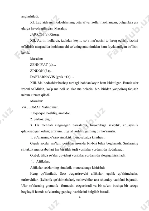r-so'zlarni sintaktik aloqaga kiritishda alohida rol o'ynaydi. ko'makchilar otlarning boshqa so'zlar ( ko'pincha fe'llar) bilan munosabatini ifodalaydi. ko'makchilar grammatik funksiyasi jihatidan kelishik qo'shimchalariga yaqin turadi. ular ba'zan kelishik qo'shimchalari o'rnida kelib, u bajargan vazifalarni ado etadi. qiyoslang: do'stimga oldim-do'stim uchun oldim kabi. ko'makchilar ayrim hollarda ma'lum kelishik qo'shimchasi bilan birga ishlatiladi. maktabga tomon ketdi. bundan ko'ra yaxshiroq. manzilga qadar yayov bordik kabi. kumakchilar o'zi bog'langan so'zlar bilan birgalikda bir gap bo'lagi vazifasini bajaradi. masalan: men do'stim uchun qayg'uraman. bunda do'stim uchun kim uchun( so'rog'iga javob bo'lib, to'ldiruvchilardir. bog'lovchilar: bog'lovchilar so'z, so'z brikmasi va gaplarning munosabatlarini ifodalaydi. nodira va xanifa. gulning chiroyi va bulbulning nafasi shoirni maftun etgan. bahor keldi va kunlar isiy boshladi kabi. yuklamalar: yuklamalar yordamchi so'zlar sifatida ayrim mustaqil so'z yoki gapning mazmuniga kushimcha ma'no beradi. ba'zan ular gapda bog'lovchi vazifasida qo'llaniladi va so'z, brikma va gaplarning o'zaro munosabatlarini ifodalaydi. masalan: shamol birdan ko'tarildi-yu, tezda tindi. zamira biroz …