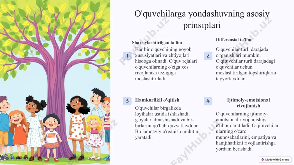 l ravishda izlash va o'rganish imkoniyati beriladi. tekshiruvchi o'rganish o'quvchilar o'zlarining o'rganish jarayonini nazorat qilishadi. ular o'zlariga savollar berishadi, izlanishadi va o'rganish jarayonini yaxshilash usullarini topishadi. portfolio tizimi o'quvchilar o'zlarining yutuqlarini, loyihalarini va ishlarini portfolioda to'playdilar. bu ularning rivojlanishini kuzatishga yordam beradi. tanqidiy fikrlash o'quvchilar o'rganayotgan ma'lumotlarini tanqidiy tahlil qilishadi, ularning haqiqatligini tekshiradilar va o'z fikrlarini shakllantiradilar. 4 axborot texnologiyalaridan foydalanish ta'lim dasturlari o'quvchilarning bilim olish jarayonini boyitish va interaktiv qilish uchun ta'lim dasturlari qo'llaniladi. bu dasturlar o'quv jarayonini qiziqarli va o'ynoqi qiladi. onlayn resurslar internetdan foydalanib, o'quvchilar turli ma'lumotlarga, ta'lim materiallariga va onlayn darsliklarga kirishlari mumkin. bu o'rganish imkoniyatlarini kengaytiradi. digital o'quv materiallari o'quvchilarning bilim olish jarayonini diversifikatsiya qilish uchun raqamli o'quv materiallari, audio va video resurslar qo'llaniladi. bu o'rganish jarayonini dinamik va interaktiv qiladi. 5 o'quvchilarning qiziqishlarini hisobga olish shaxsiylashtirilgan o'quv rejalari o'quvchilarning qiziqishlari va iste'dodlari hisobga olinib, o'quv rejalari tuziladi. bu ularning o'rganishga bo'lgan qiziqishini kuchaytiradi. tanlash …