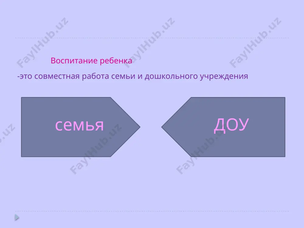 етям, другие не уделяют должного внимания трудовому воспитанию. для создания в семье благоприятных условий для воспитания детей, для недопущения ошибок в семейном воспитании родителям необходимо, прежде всего, овладеть полным объемом определенных психолого-педагогических знаний, практическими навыками и умениями педагогической деятельности. проблемы при не слаженной работе семьи и доу: - исчезновение в поведении детей их возрастной непосредственности, что ведет, по мнению многих специалистов, к развитию черт агрессивности. - развить интерес детей к познанию окружающего мира. поэтому так важно уделять внимание доверительным беседам с ребенком и его родителями. - научить детей общению друг с другом, научить, не обижать других, проявлять сочувствие, терпимость. несмотря на разницу в методах педагогической организации дошкольных учреждений, в том числе и в работе с родителями, вся их деятельность объединяется единой целью - воспитать свободного, развитого, ответственного человека, готового для жизни в обществе. image2.jpeg image3.png image4.png image5.png image6.png image7.jpeg image8.png image9.png /docprops/thumbnail.jpeg
