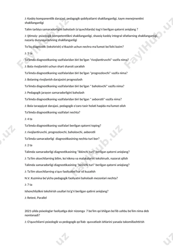 aks etishi ta'lim tarbiya samaradorligini baholash (pedagoglarda) to'g'ri berilgan qatorni toping? j: kasbiy kompanentlik darajasi, pedagogik qobilyatlarni shakllanganligi, taym menejmentini shakllanganligi talim tarbiya samaradorligini baholash (o'quvchilarda) tog'ri berilgan qatorni aniqlang ? j: ijtimoiy- psixologik kompetentlikni shakllanganligi, shaxsiy kasbiy integral sifatlarning shakllanganligi, nazariy dunyoqarashning shakllanganligi to'liq diagnostik (tekshirish) o'tkazish uchun nechra ma'lumot bo'lishi lozim? j: 3 ta ta'limda diagnostikaning vazifalaridan biri bo'lgan "rivojlantiruvchi" vazifa nima? j: bola rivojlanishi uchun shart sharoit yaratish ta'limda diagnostikaning vazifalaridan biri bo'lgan "prognozlovchi" vazifa nima? j: bolaning rivojlanish darajasini prognozlash ta'limda diagnostikaning vazifalaridan biri bo'lgan " baholovchi" vazifa nima? j: pedagogik jarayon samaradorligini baholash ta'limda diagnostikaning vazifalaridan biri bo'lgan " axborotli" vazifa nima? j: bola taraqqiyot darajasi, pedagogik o'zaro tasir holati haqida ma'lumot olish ta'limda diagnostikaning vazifalari nechta? j: 4 ta ta'limda diagnostikaning vazifalari berilgan qatorni toping? j: rivojlantiruvchi, prognozlovchi, baholovchi, axborotli ta'limda samaradorligi diagnostikasining nechta turi bor? j: 2 ta talimda samaradorligi diagnostikasining "ikkinchi turi" …