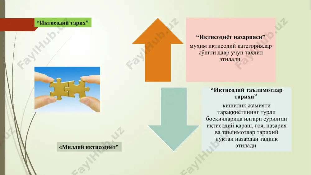ўн йилликларда ўтиш иқтисодиётини назарий жиҳатдан асослаш бўйича тажриба тўпланган. аммо бу ҳолат кўп мунозараларга сабаб бўлмоқда. ўтиш иқтисодиёти демак, иқтисодий таълимотлар тарихи фанининг муҳим хусусиятларидан бири, бу унинг доимо ҳаракатда, ўзгариш ва ривожланишда эканлигидир. бир мамлакат чегарасида иқтисодий таълимот таъсири остида иқтисодий сиёсат ҳар доим ривожланишда бўлиши керак. «амалда иқтисодий ғоялар ўз даври ва вужудга келиш жойининг махсули бўлиб, улар билан чамбарчас боғлангандир; бу ғояларни улар тушунтириб бераётган дунёдан мустақил равишда ажратиб қараш мумкин эмас; бу дунё эса доимо ўзгаришда бўлади, агар бу ғоялар ўз мақсадларига тўла жавоб беришни кўзласалар, доимо шунга мос равишда ўзгариб туришлари керак» ж.к.гэлбрейт 1908-2006 иқтисодий таълимотлар тарихини ўрганишда даврлаш тизими «иқтисодий таълимотлар тарихи» фанида айрим олимлар, давлат арбоблари томонидан илгари сурилган ғоя, қараш, назария, қонун, таълимот, концепциялар инсоният тараққиётининг турли босқичларидаги ижтимоий қатламлар, синфлар ва бошқа гуруҳларнинг манфаатлари нуқтаи назаридан тарихий ривожланиши тадқиқ этилади. натурал хўжалик даври (м.а. хii аср ярми) - савдо ҳали …