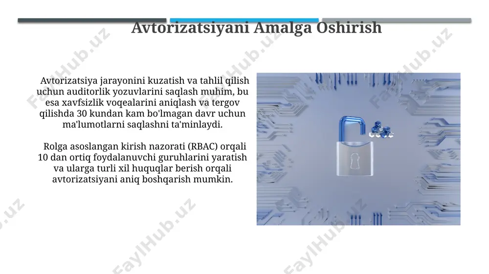 erlarda saqlanishi va ularning har biri 2 martadan ko'p nusxalari bo'lishi shart. shifrlash va kriptografiya digital imzolar, xavfsizlikni ta'minlash uchun assimetrik kriptografiyadan foydalanib, 1024 bitdan katta kalitlar bilan hujjatlarning asl nusxaligini va yaxlitligini tasdiqlaydi va elektron hujjatlarni imzolashda qo'llaniladi. shifrlash algoritmlari, masalan, aes-256 yoki rsa-4096 kabi, ma'lumotlarni himoya qilish uchun 256 yoki 4096 bitli kalitlardan foydalanadilar, bu esa yuqori darajadagi xavfsizlikni ta'minlaydi. yangilanishlarni boshqarish yangilanishlarni qo'lda tekshirish va o'rnatish uchun kamida 2 ta mutaxassisni tayinlang va ularning har biriga kamida 3 ta qo'shimcha sinov muhitini taqdim eting. yangilanishlarni avtomatlashtirilgan tarzda o'rnatish uchun jadval tuzing, bu jarayonni 1-3 oy davomida 7 kunlik rejimda bajarishga imkon beradi va xatoliklarni minimallashtiradi. ot xavfsizlik komponentlarini tanlash ot xavfsizlik komponentlarini tanlashda, kamida 3 ta mustaqil himoya qatlami (masalan, firewall, ips/ids, antivirus) qo'llash va ularni muntazam ravishda yangilash muhim. xavfsizlik komponentlarini tanlashda, iso 27001 yoki nist siyosatlari kabi standartlarga muvofiqligi va auditing imkoniyatlarini hisobga olish lozim. …