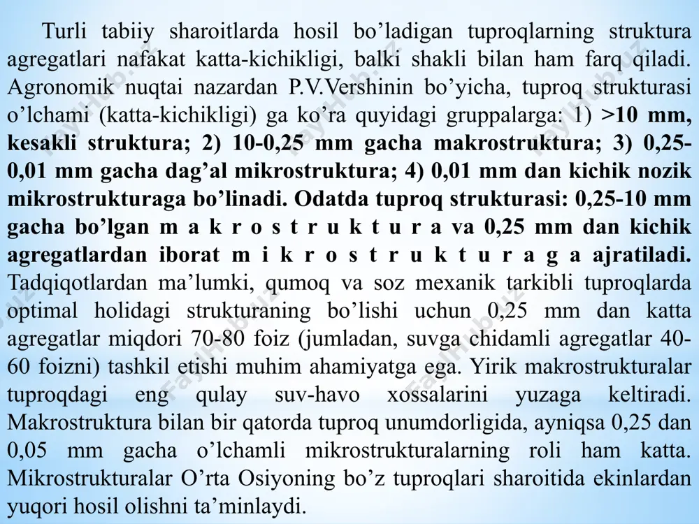 shinuvida ham muhim rol o’ynaydi. mikroagregatlar ( 0,25 mm li agregatlar miqdori, % tuproq va uning holati >0,25 mm li agregatlar miqdori, % oddiy qora tuproq: qo’riq yer eski ekinzor shimoliy qora tuproq: eski ekinzor ikki yillik o’tlar to’q tusli kashtan: qo’riq yer qora shudgor 88,7 57,6 44,6 63,6 29,3 28,0 sug’oriladigan bo’z tuproq eski paxtazor uch yillik bedapoya bo’z tuproq mintaqasidagi o’tloq tuproq; yangi ochilgan qo’riq yer eski paxtazor uch yillik bedapoya 7,0 35,0 61,0 22,0 48,0 tuproq strukturasiga o’tlarning ta’siri. (m.boxodirov, a.rasulovdan) tuproq strukturasini urug’ unib chiqishiga ta’siri. a-mikrostruktura, b-megastruktura, c-makrostruktura 2. tuproqning suv xossalari tuproq suvi va uning ahamiyati. ko’p fazali va dispers sistema hisoblangan tuproq tarkibida doim ma’lum miqdorda suv singdirilib, ushlanib turilgan bo’ladi. quruq tuproq (105oc da quritilgan) massasiga nisbatan prosent hisobida saqlanadigan suv, tuproq namligini belgilaydi. tuproq namligi uning hajmiga nisbatan foiz hisobida yoki gektariga kubometr va mm bilan ham ifodalanishi mumkin. tuproqdagi nam …