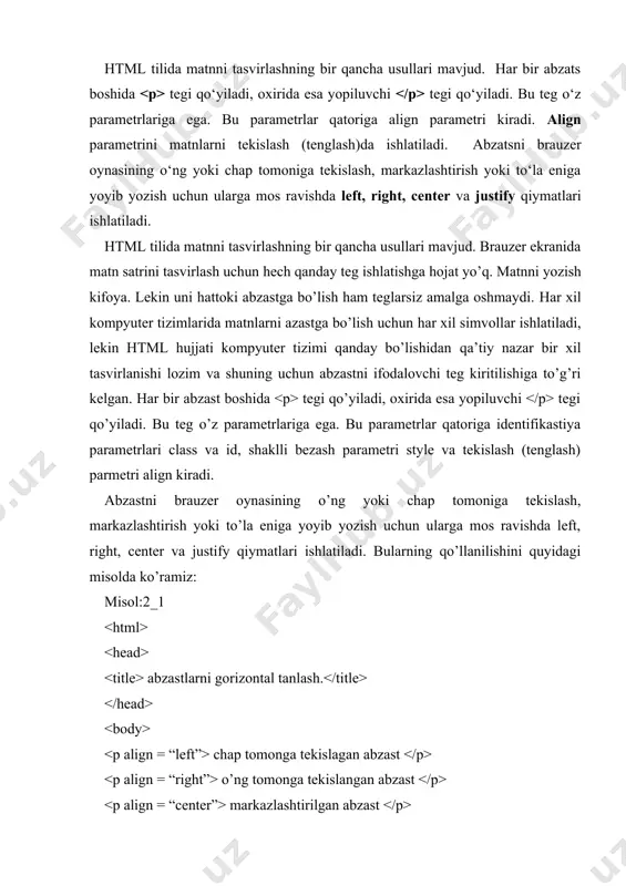 explorerning oldingi versiyalari bazi bir teglarni qo’llamasligi mumkin. masalan eni bo’yiga yoyib yozish tegini brauzer qo’llamasa ekranda oddiy ko’rinishdagi matn yoziladi. rasm 2_1. ba`zan web sahifa yaratuvchilari abzastlar oraligini kengaytirish uchun bo’sh abzastlardan foydalanishadi, yani abzastning ochiluvchi va yopiluvchi teglarining ichiga hech narsa yozmasdan qo’llashadi. brauzerlar esa bu narsani e’tibordan chetda qoldiradilar. shuning uchun abzastlarni ajratish yoki biror abzastning ichidagi satrni bo’lib keyingi satrga o’tkazish uchun tegi ishlatiladi. bu teg matnning shu qismini keyingi satrga o’tkazish kerakligini anglatadi. quyidagi misolda bu teg har ikkala maqsadda qo’llaniladi. misol 2_2. matnni keyingi satrga bo’lish biz keyingi satrga bo’lgan abzast keyingi abzast bir bo’sh satrdan keyin yozilgan abzast 2_2-rasm. va teglari kabi html hujjatning maxsus qismlarini belgilashda ishlatiladi. teglari egallab olgan matn hujjatning asosiy qismi hisoblanadi. matnning katta qismi va boshqa axborotlar ham uning tarkibiga kiritiladi. quyida tegining bir qator parametrlarini ya`ni atributlarini e`tiboringizga havola etamiz. аlink – faol murojaat (ссылка) ning rangini …