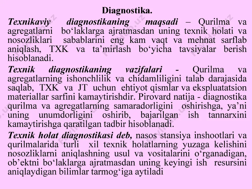 mida (ko‘z bilan ko‘rib,tovushini eshitib,qo‘l bilan nazorat qilib va x.) subektiv • maxsus asbob -uskunalar yordamida. • (pnevmogidravlik,knematik,vibroakustik elektromagnit,optik,radiaktiv)-ob’ektiv • xozirgi kunda nonazarachalardan foydalanish yo‘lga qo‘yilmoqda. diagnostika qilish bosqichlari • ishlab chiqarish zavodida;(qism,agregat) • -ta’mirlash korxonasida; • - chiniqtirish davrida; • - foydalanish davrida; • -texnik xizmat ko‘rsatish vaqtida; • - resursini aniqlash uchun. • doimiy-o‘rnatilgan j ixozlar yordamida • ma’lum davrdan so‘ng-rejali texnik xizmat ko‘rsatish va tuzatishdan oldin belgilangan ma’lum vaqt- ishlagandan so‘ng; • talab (murojat) bo‘yicha-agregat,jihoz buzilgandan so‘ng nosoz ( nuqsonli) joyni aniqlash uchun o‘tkaziladi. foydalanish davrida diagnostika qilish turlari. diagnostika o'tkazish joylari • bevosita ns stansiyalarida; • uni o‘tkazish uchun maxsus jihozlardan va kerakli texnik diagnostika o‘tkazish vositalari bilan ta’minlanadi; • ixtisoslashtirilgan diagnostikadan o‘tkazishni ustalar va slesar-diagnostikachilar bajaradilar. • doimiy o‘rnatilgan diagnostika qilish vositasi; • tashqi diagnostika qilish vositasi; • maxsus diagnostika qilish vositasi; • universal diagnostika qilish vositasi; • avtomatlashtirilgan diagnostika qilish vositasi. diagnostika vositalar: • …