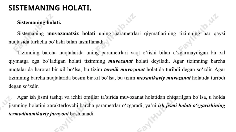h ta’sirida bajargan ishi l shu kuchning yo‘l x ga ko‘paytmasiga teng. gaz porsheni chapdan o‘ngga siljitishi uchun ketgan kuch n gaz bosimi p ning porshenning yuzasi f ga ko‘paytmasiga teng: bu yerda p=p1=p2=const; yuqoridagi formulaga n ni qiymatini qo’ysak n lekin porshen yuzasi f ning yo‘l x ga ko‘paytmasi silindrning porshen boshlang‘ich va oxirgi holatlari orasidagi hajmidir: silindrning hajmi v2-v1 ni qo‘yib, gazning kengayganida bajargan ishining qiymatini olamiz: yoki ish va issiqlik miqdori. jarayonning boshlanishi va oxirini ko‘rsatuvchi 1 va 2 nuqtalardan perpendikulyar tushirib, to‘g‘ri to‘rtburchaklik 1-2-3-4 ko‘rinishdagi yopiq konturni hosil qilamiz, bu kontur jarayon chizig‘i 1–2, chekka ordinatalar 1, 4 va 2, 3 hamda abssissalar o‘qining v2-v1 ga teng kesmasidan hosil bo‘lgan. diagrammaning shu konturda joylashgan yuzasi pv – diagrammada gazning kengayish ishini ko‘rsatadi. gazning holati cheksiz kichik darajada o‘zgarganida uning parametrlari ham cheksiz kichik o‘zgaradi. shu sababli har qaysi elementar jarayon chegarasida gazning bosimi o‘zgarmasligicha qoladi, deb …