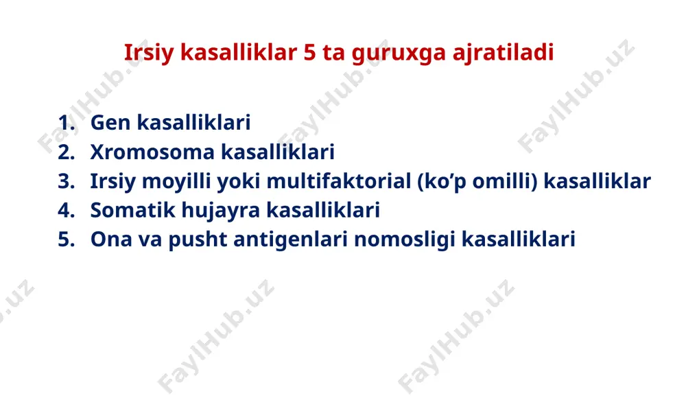 kasallikda buyrak kanalchalarida fosforlanish fermentativ nuqsoni yotadi. buyrak kanalchasining proksimal naychasi tug’ma kaltaligi hisobiga fosfat, glukoza, aminokislotalar transporti buziladi. ularning siydik bilan ekstretsiyasi ortadi. skeletida raxitsimon o’zgarishlar yuzaga keladi. marfan sindromi marfan sindromi biriktiruvchi to’qimalarning tizimli shikastlanishi bilan kechuvchi genetik kasallik hisoblanadi. kasallik etiologiyasi 21.1 – lokusdagi o’n beshinchi xromosoning kalta yelkasida joylashgan fbn (fibrin 1) gening mutatsiyasidir. kasallik autsoma dominant tipda irsiylanadi. bu kasallikda bemorning vaznini yarimidan ko’pini biriktiruvchi to’qima tashkil qiladi. vazn yetishmasligi cho’zilgan bosh suyagi uzun yuz, arxondaktiliya mushak tizimining zaifligi , noqulay harakatlar. image1.jpeg image2.jpeg image3.jpeg image4.png image5.png image6.png image7.jpeg image8.png image9.png image10.png image11.png image12.jpeg image13.jpeg image14.png image15.png