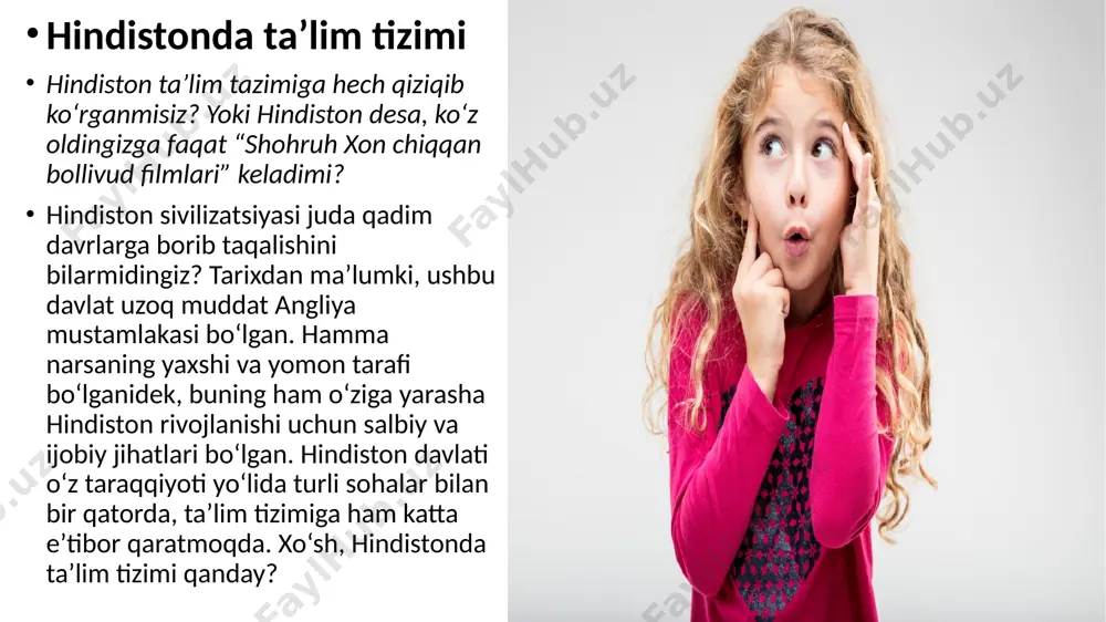 yyorlov guruhlari” tashkil etilgan. ushbu guruhlarga bolalar qoida bo‘yicha 3 yoshdan boshlab qabul qilinadi va ta’lim jarayoni o‘yin shaklida o‘tkaziladi. taxminan, shu yoshdan ular ingliz va hind tillarini o‘zlariga biriktirilgan muallimlar orqali o‘rgana boshlaydilar. maktabga tayyorgarlik bir yildan ikki yilgacha davom etishi mumkin. o‘rta ta’lim (maktab davri) hindiston maktablari bolalarni 4 yoshdan boshlab qabul qiladi va ularni yagona ta’lim tizimi bilan o‘qitadi. dastlabki 10 yillik ta’lim – bepul, majburiy va ta’lim standartlariga mos holda amalga oshiriladi. yuqorida aytganimizdek, hindistonda maktab ta’lim tizimi mutlaqo bepul, ammo shunga qaramay ba’zi badavlat ota-onalar o‘z farzandlarini “xususiy maktablar”ga yoki “nufuzli davlat maktablari”ga o‘qishga berishmoqda. bunday maktablarda o‘qish uchun to‘lov summasi oyiga 100$ ni tashkil etadi, ammo olingan bilim bepul maktablarga qaraganda ancha yuqori. hindiston maktablarida ta’limning birinchi bosqichi hamma uchun bir xil bo‘lsa, 14 yoshga to‘lgan va yuqori sinfga (to‘liq o‘rta ta’lim) o‘tgan o‘quvchilar fundamental yoki kasbiy ta’limdan birini tanlaydilar va shu yo‘nalish bo‘yicha …