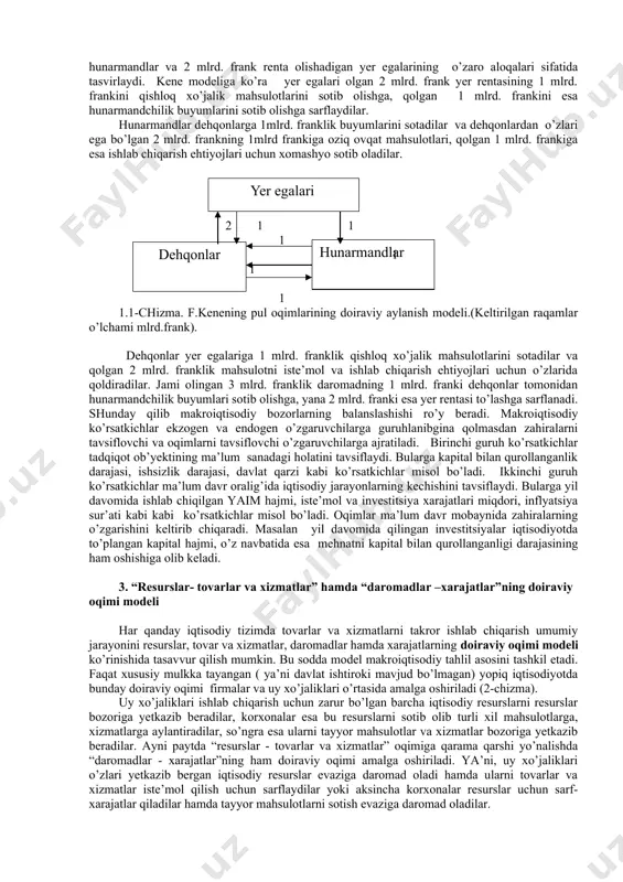 iqtisodiy nazariyaning klassik maktabi namoyondalari bunday aralashishga qarshi fikrlar bildirishadi. bugungi kunga kelib ko’pchilik mamlakatlarda davlatning iqtisodiyotdagi roli sezilarli darajada katta ekanligini hisobga olsak, davlatning iqtisodiy rivojlanish strategiyasini belgilash, bozor mexanizmlariga putur yetkazmagan holda iqtisodiyotni tartibga solishi muhim ekanligiga iqror bo’lamiz. davlat makroiqtisodiyotning boshqa sub’yektlari hatti-harakatini belgilovchi omillarni hisobga olgan holda, barqaror iqtisodiy rivojlanishni ta’minlash maqsadida, o’z tasarrufida mavjud bo’lgan vositalar orqali ularni yo’naltirib turadi. bu vositalar esa fiskal (byudjet-soliq) va monetar (pul-kredit) siyosatdir. xulosa qilib aytganda makroiqtisodiyot fani alohida mamlakatda iqtisodiy siyosatning va jahon xo’jalik aloqalarini tashkil etishning nazariy asosi hisoblanadi. 2. makroiqtisodiyot fanining tadqiqot usullari. makroiqtisodiyot fanining tadqiqot usullariga ilmiy mavhumlashish, analiz va sintez, deduksiya, induksiya, statistik kuzatuv, iqtisodiy matematik modellashtirish usullari kiradi. . juda murakkab tizim hisoblangan milliy iqtisodiyotni tadqiq qilish o’ziga xos usullardan foydalanishni talab etadi. son-sanoqsiz faktlarni, minglab ko’rsatkichlarni alohida-alohida o’rganib chiqish va ular borasida ilmiy asoslangan xulosalar chiqarish o’ta qiyin vazifadir. shu sababli ham …