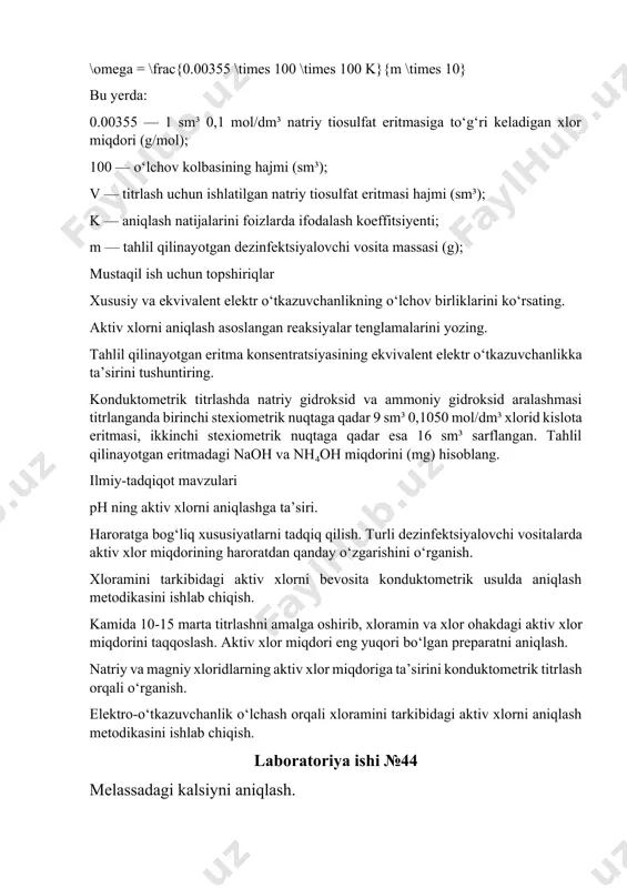 kislota eritmasi, ikkinchi stexiometrik nuqtaga qadar esa 16 sm³ sarflangan. tahlil qilinayotgan eritmadagi naoh va nh₄oh miqdorini (mg) hisoblang. ilmiy-tadqiqot mavzulari ph ning aktiv xlorni aniqlashga ta’siri. haroratga bog‘liq xususiyatlarni tadqiq qilish. turli dezinfektsiyalovchi vositalarda aktiv xlor miqdorining haroratdan qanday o‘zgarishini o‘rganish. xloramini tarkibidagi aktiv xlorni bevosita konduktometrik usulda aniqlash metodikasini ishlab chiqish. kamida 10-15 marta titrlashni amalga oshirib, xloramin va xlor ohakdagi aktiv xlor miqdorini taqqoslash. aktiv xlor miqdori eng yuqori bo‘lgan preparatni aniqlash. natriy va magniy xloridlarning aktiv xlor miqdoriga ta’sirini konduktometrik titrlash orqali o‘rganish. elektro-o‘tkazuvchanlik o‘lchash orqali xloramini tarkibidagi aktiv xlorni aniqlash metodikasini ishlab chiqish. laboratoriya ishi №44 melassadagi kalsiyni aniqlash. metodika kompleksonga asoslangan bo‘lib, melassa tarkibidagi kalsiyni ishqoriy muhitda barqaror ichki kompleks hosil qilish xususiyatidan foydalanib aniqlaydi. melassadagi kalsiyni titrlash jarayonida, agar eritmada 25 mg dan ortiq magniy bo‘lmasa, natijalar aniq chiqadi. zarur reagentlar, idish-tovoq va uskunalar komplekson iii eritmasi (0,05 mol/dm³). natriy gidroksid eritmasi (0,1 …
