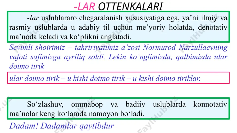 mam senga nozil quyosh, yondirsang-da umidimning gulin tushum kelishik ularning noo‘rin almashtirilishi stilistik g‘alizlik va noaniqlikni keltirib chiqarishi mumkin. miltik otdi →o‘q uzdi miltiqni otdi →qurolning o‘zini uloqtirib tashladi; bola ko‘rdi →tug‘di bolani ko‘rdi →kimdir qandaydir bolani ko‘rdi; qo‘l qo‘ydi →imzo chekdi qo‘lni qo‘ydi →qo‘lini qayergadir (masalan elkaga) qo‘ydi; ot qo‘ydi →nomladi otni qo‘ydi →otni bog‘likdan bo‘shatdi egalik kelishik bosh jo‘nalish qaratqich tushum o‘rin-payt chiqish ko‘plik: otning morfologik birliklari nutqiy uslublarda uslubiy bo‘yoq so’zlashuv publisistik badiiy ilmiy rasmiy nutqni to‘g‘ri va ta’sirli tuzishda, nutqiy uslublarni maqsadga to‘la muvofiq shakllantirishda uslubiy bo‘yoq alohida o‘rin tutadi. uslubiy bo’yoq ikki xil bo’ladi: so’zlashuv publisistik badiiy chiqish kelishik grammatik ko‘rsatkichi –dan bo‘lib, uning mumtoz adabiyotda va shevalarda -din/-don, -tan/-ton, - nan/non kabi ko‘rinishlari mavjudligi haqida ilmiy manbalarda ma’lumotlar mavjud. chiqish kelishik –din variantida badiiy uslub uchun xoslanganlik kuzatiladi: topmadi hirgiz bu mashrab o‘z vujudidin xabar, bir nazar qilsangki rohat topqusi jonu tanim chiqish kelishik …
