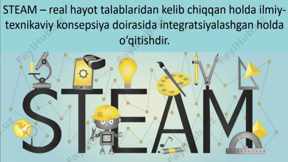 hiquvchi *aqlli fitness murabbiyi *loyihalarni o'qitish tashkilotchisi steam nima uchun bizga kerak? kompetensiya tanqidiy fikrlash kommunikativ ijodkorlik hamkorlik kompetensiyalar xix-xx asr xxi asr tili faoliyat english project “aqlli issiqxona” kim uchun: 5-9 sinf o‘quvchilari guruhdagi bolalar soni: 4 nafar qaysi fanlarni birlashtiradi: informatika, matematika, fizika, kimyo, biologiya, texnologiya (mehnat), muhandislik maqsad: 100% avtomatlashtirilgan issiqxona modelini yaratish muddati: 1yil * “aqlli uy”(steam yondashuvi asosida) kim uchun: 5-11 sinf o‘quvchilari guruhlardagi o‘quvchilar soni: 4 qaysi fanlarni birlashtiradi: informatika, muhandislik, matematika, fizika, kimyo, texnologiya maqsad: kelajak uyining modelini yaratish, uning kuchi tiklanadigan manbalar yordamida amalga oshiriladi. muddati: 6-9 oy. * o‘quvchilarni guruhlarga birlashtiriladi, ularning har biri “aqlli uy”ning imkoniyatlari to‘g‘risida o‘z tasavvurlarini uyg‘otadi: quyosh panellaridan foydalangan holda uyning modelini quvvat bilan ta’minlash, harakat sensorlar, co2 datchiklari, namlik va havo harorati, eshik va derazalarni avtomatik ravishda yopish va ochish, avtomatik yoritish va signalizasiya kabi zarur tadbirlarni rejalashtirib amalga oshiradilar. texnologiya darslarida har bir guruh …