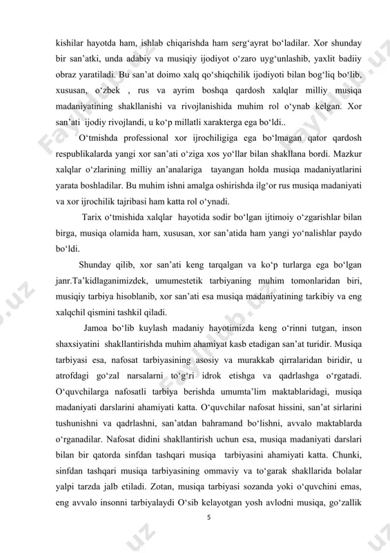 yuritar ekan, prezidentimiz i.a.karimov o‘zining «yuksak ma’naviyat - yengilmas kuch» asarida alohida ta’kidlaydi1: «... agar insonning qulog‘i yengil-yelpi, tumtaroq ohanglarga o‘rganib qolsa, bora-bora uning badiiy didi, musiqa madaniyati pasayib ketishi, uning ma’naviy olamini soxta tushunchalar egallab olishi ham hech gap emas. oxir-oqibatda bunday odam «shashmaqom» singari milliy merosimizning noyob durdonalarini ham, motsart, betxoven, bax va chaykovskiy kabi dunyo tan olgan buyuk kompozitorlarning asarlarini ham qabul qilishi qiyin bo‘ladi. ... musiqiy ta’limni yanada rivojlantirish masalalari o‘ta muhim ahamiyat kasb etadi». shaxsni rivojlantirish uchun avvalo, uning hulqiga ta’sir etuvchi omillarni, uning tabiatini, qiziqishini o‘rganish lozim. buning uchun shaxsni turli munosabatlar doirasiga qo‘yib kuzatish kerak. ana shundagina uning ijtimoiy hulqi, ma’naviy qiyofasi, insoniy fazilatlari ro‘yobga chiqadi. «har bir inson – degan edi abu nosir al-farobiy – o‘z tabiati bilan shunday tuzilganki, u yashash va yuksak yetuklikka erishish uchun, insonlar jamoasiga ehtiyoj tug‘iladi, shu sababli u ko‘p narsalarni o‘zaro yordamlashuvi orqali yetuklikka erishadi». endilikda …