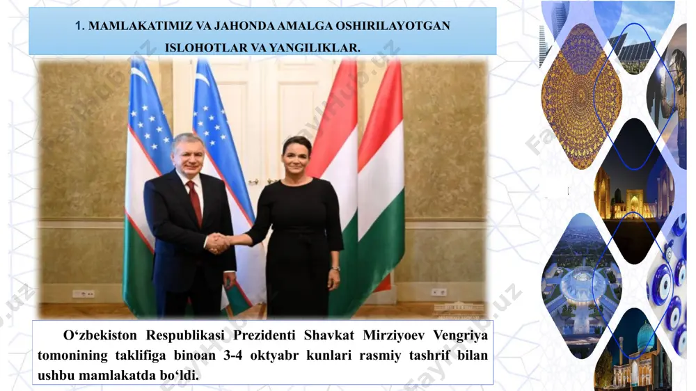etish va mamlakatning xalqaro maydondagi nufuzini yuksaltirish, o‘zbekiston va tojikiston o‘rtasidagi do‘stlik va yaxshi qo‘shnichilik, strategik sheriklik va ittifoqchilik munosabatlarida bugungi yuksak darajaga erishishdagi o‘rni alohida qayd etildi. o‘zbekiston respublikasi prezidenti shavkat mirziyoev 5 oktyabr kuni tojikiston respublikasi prezidenti emomali rahmon bilan telefon orqali muloqot qildi. 6-oktabr kuni o‘zbekiston respublikasi prezidentining farmoni bilan mamlakatlarimiz xalqlari o‘rtasidagi an’anaviy do‘stlik va hamkorlik rishtalarini rivojlantirishga qo‘shgan ulkan shaxsiy hissasi hamda tavalludining 70 yillik yubileyi munosabati bilan rossiya federatsiyasi prezidenti vladimir vladimirovich putin o‘zbekiston respublikasining "oliy darajali do‘stlik" ordeni bilan mukofotlandi. 2. “sharq javohirlari” “mamlakatimizdek boy tarix, bobolarimizdek buyuk allomalar hech qayerda yo’q!” shavkat mirziyoyev prezidentimiz shavkat mirziyoev yangi o'zbekistonni bunyod etish g'oyasini ilgari surar ekan, ushbu buyuk maqsadga erishish uchun, avvalo, ilm-fanni rivojlantirish, zamonaviy ilm-fan yutuqlarini puxta egallash, eng yangi texnika va texnologiyalarni o'zlashtirish, ijtimoiy-iqtisodiy hayotimizga axborot texnologiyalarini joriy qilish, dunyoda inson taraqqiyotini ta'minlashga xizmat qiladigan barcha ilg'or g'oyalarni o'zlashtirishdek pragmatik siyosatni amalga …