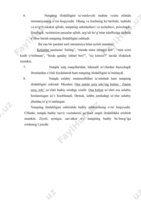 alohida e’tibor berish nutqning ifodaliligini oshiradi. ba’zan bir jumlani turli intonatsiya bilan aytish mumkin: kelsinlar jumlasini “keling”, “menda nima ishingiz bor”, “men sizni kutib o‘tiribman”, “bizda qanday ishlari bor?”, “siz kimsiz?” tarzda ifodalash mumkin. 7. nutqda xalq maqollaridan, hikmatli so‘zlardan frazeologik iboralardan o‘rinli foydalanish ham nutqning ifodaliligini ta’minlaydi. 8. nutqda uslubiy mutanosiblikni ta’minlash ham nutqning ifodaliligini oshiradi. masalan: ona zamin uzra tole’ing kulsin. zamin uzra, tole’ so‘zlari badiiy uslubga xosdir. ona kulsin so‘zlari esa uslubiy hoslanmagan so‘z hisoblanadi. demak, ushbu jumladagi so‘zlar uslubiy jihatdan to‘g‘ri tanlangan. nutqning ifodaliligini oshirishda badiiy adabiyotning o‘rni beqiyosdir. chunki, nutqda badiiy tasvir vositalarini qo‘llash orqali ifodalilikka erishish mumkin. ziyoli, ayniqsa, san’atkor o‘z nutqining badiiy bo‘lmog‘iga erishmog‘i joizdir. adabiyotlar 1. v. a. vaхrоmееv, musiqaning elеmеntar nazariyasi, tоshkеnt – “o`qituvchi” 1980 yil. 2. t. sоlоmоnоva, o`zbеk musiqasi tariхi., tоshkеnt – “o`qituvchi” 1981 yil. 3. i. akbarоv., musiqa lug`ati, tоshkеnt – 1987 yil. 4. q. rahimоv., musiqaning elеmеntar …