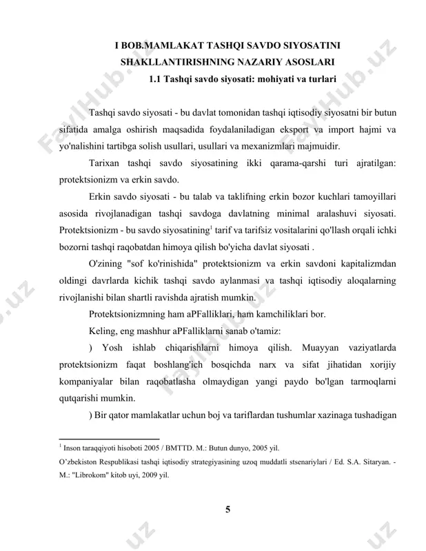 uqlaridan foydalanishga undaydi. kamchiliklari: ) kuchsiz iqtisodiyot sharoitida u mamlakat milliy xavfsizligiga tahdid soladi va milliy daromadni uning chegaralaridan tashqariga olib chiqishga hissa qo'shadi; ) yosh va zaif raqobatbardosh bo'lmagan tarmoqlar uchun xavfli. hozirgi bosqichda rivojlangan va rivojlanayotgan mamlakatlarning tashqi savdo siyosati har ikkala qarama-qarshilikning kombinatsiyasi bo'lib, sharoitga qarab optimallashtirilgan. qoidaga ko'ra, mamlakatlar boshqa mamlakatlar bilan iqtisodiy munosabatlarda qulay shart-sharoitlarni ta'minlashga intilib, protektsionistik usullardan tanlab foydalangan holda va erkin savdo elementlarini qo'llab-quvvatlagan holda moslashuvchan tashqi savdo siyosatini olib borishga harakat qiladilar: ular bilan tashqi savdo siyosati sohasidagi o'zaro majburiyatlar to'g'risidagi bandlarni o'z ichiga olgan shartnomalar tuziladi. jahon iqtisodiyotining globallashuvi davlatlarning siyosiy yo'nalishiga qarab tashqi iqtisodiy aloqalarning ijtimoiy-iqtisodiy tuzilishidagi o'zgarishlar bilan birga keladi, ya'ni. mamlakatlarning milliy manfaatlaridan kelib chiqadi. rivojlanayotgan mamlakatlar mustaqillikka erishgandan so‘ng amalga oshirayotgan tashqi savdo siyosatida ularning iqtisodiy o‘sishi bilan bir modeldan ikkinchi modelga o‘tishning muayyan qonuniyatlarini kuzatish mumkin. tashqi savdo siyosatiga jahon savdosini liberallashtirishning umumiy tendentsiyasi ham, …